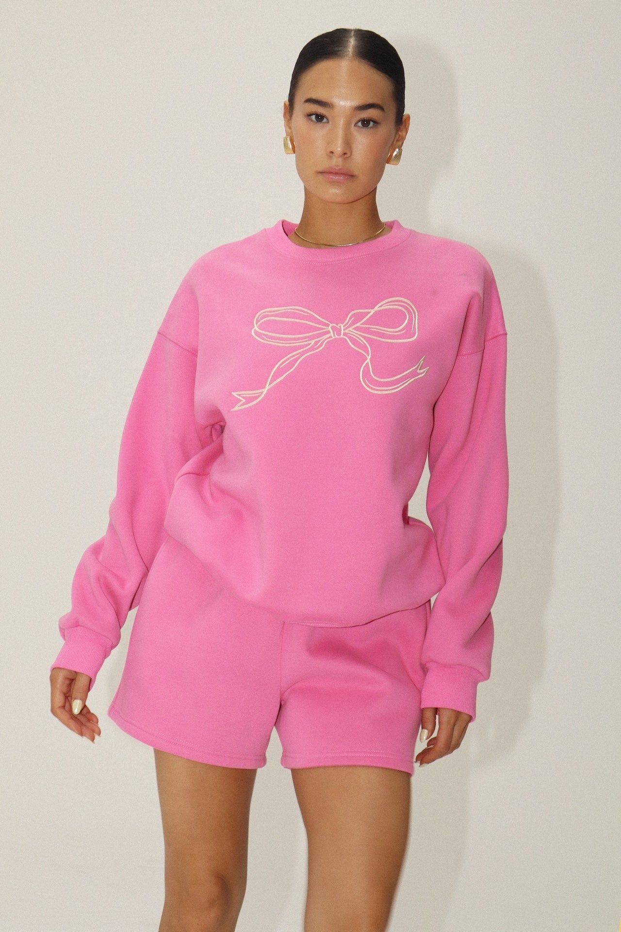 Pink Bow Embroidered Fleece Sweater