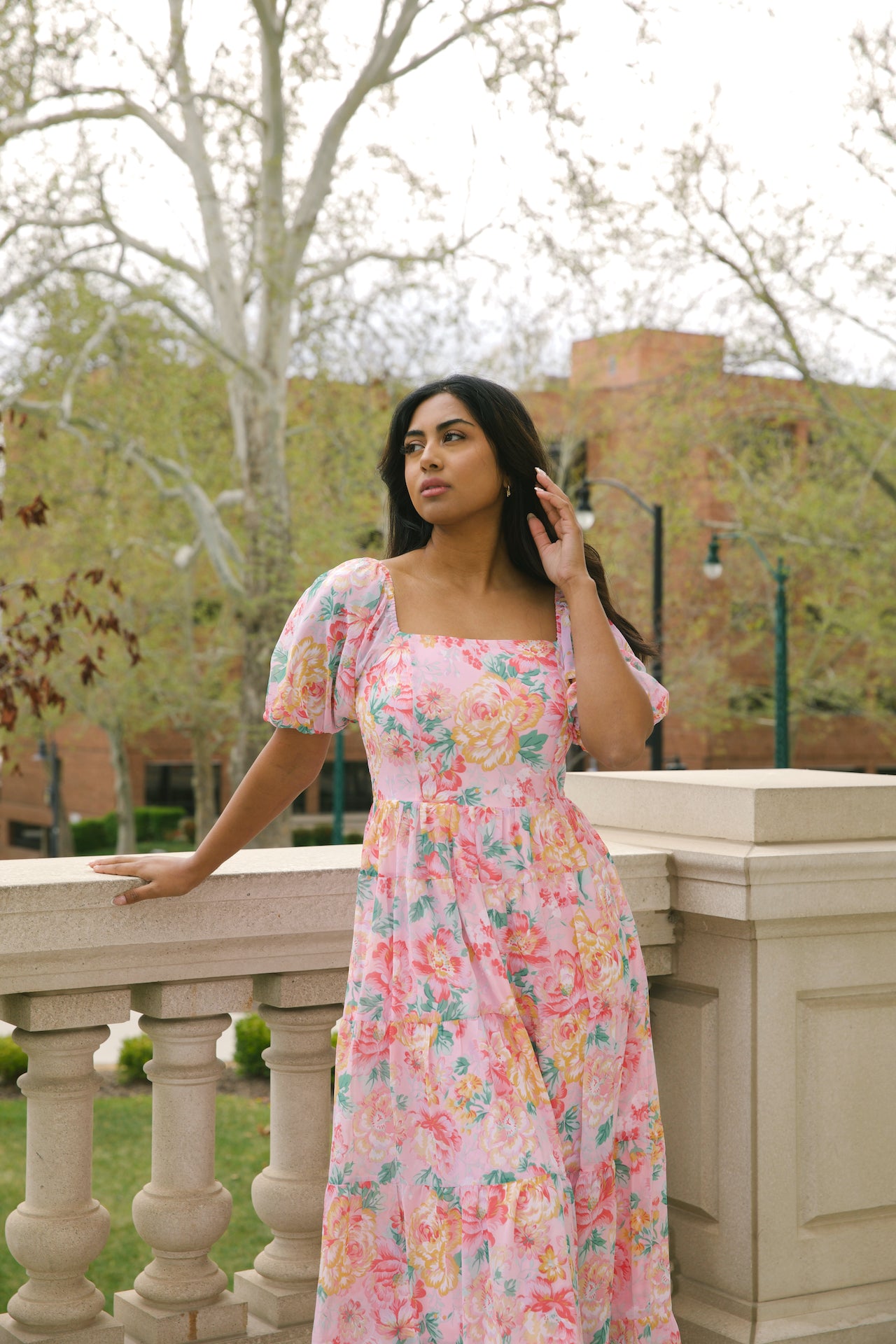 chiffon pink floral maxi dress with puff sleeves and a square neckline