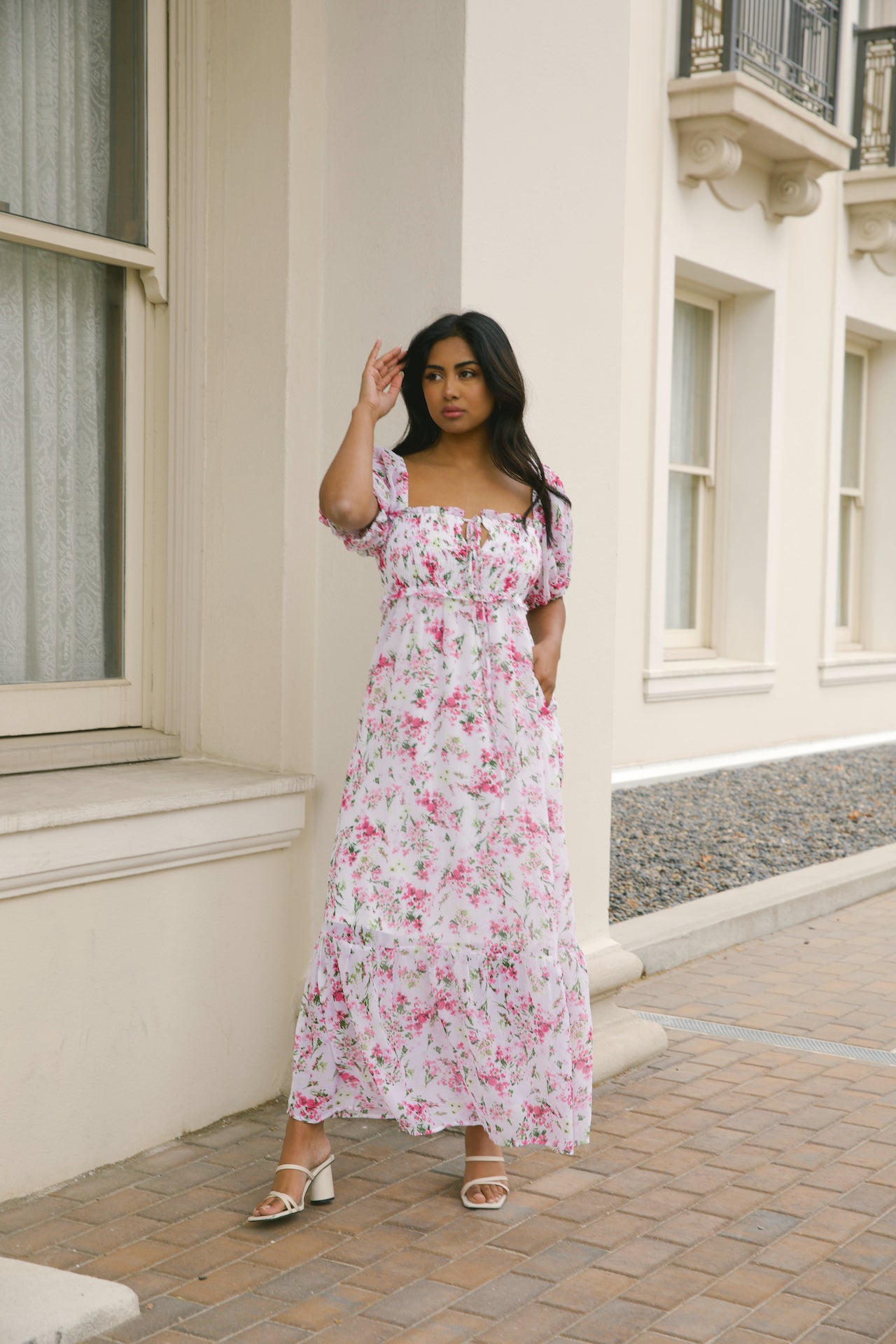 white and pink floral maxi dress with puff sleeves