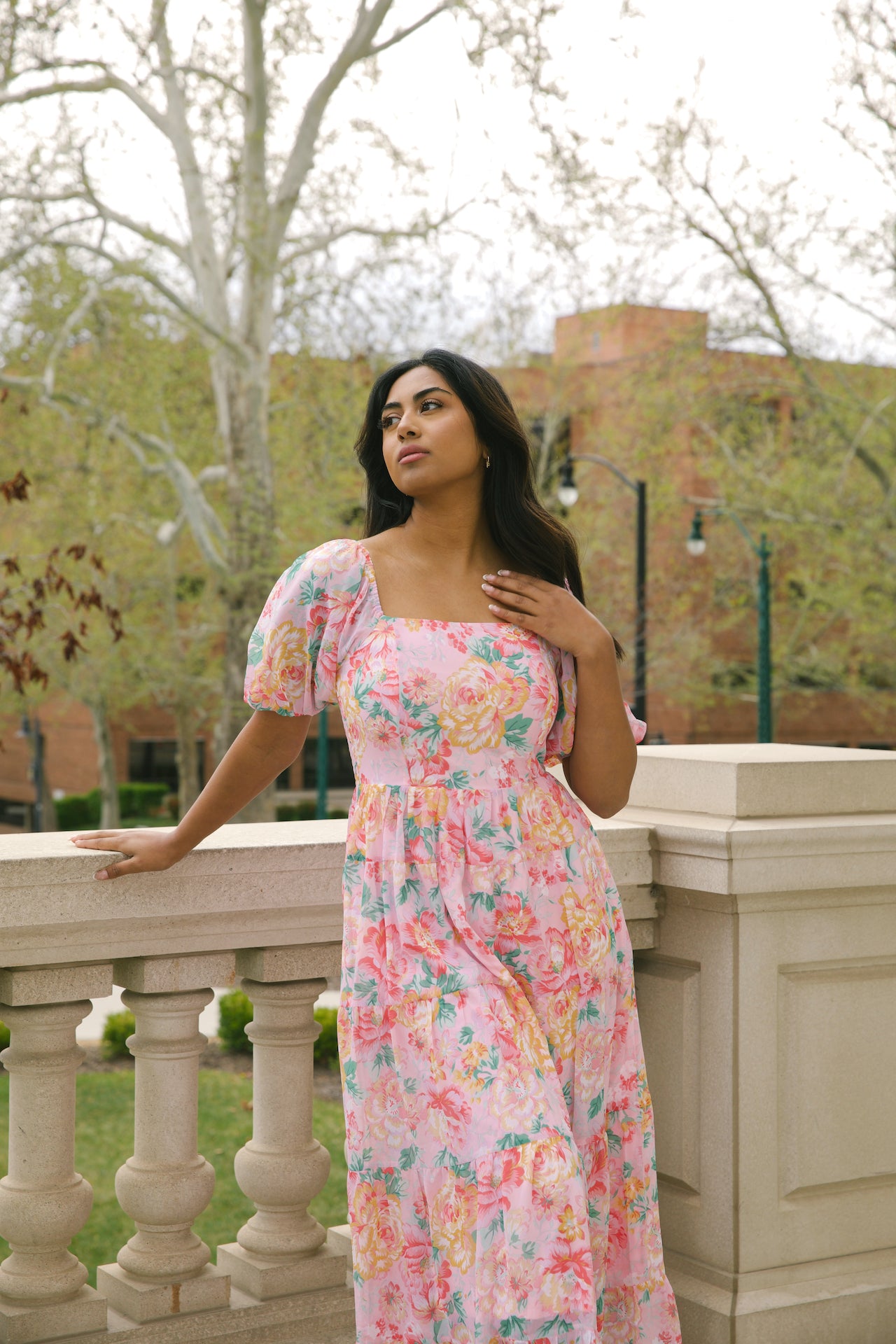 chiffon pink floral maxi dress with puff sleeves and a square neckline