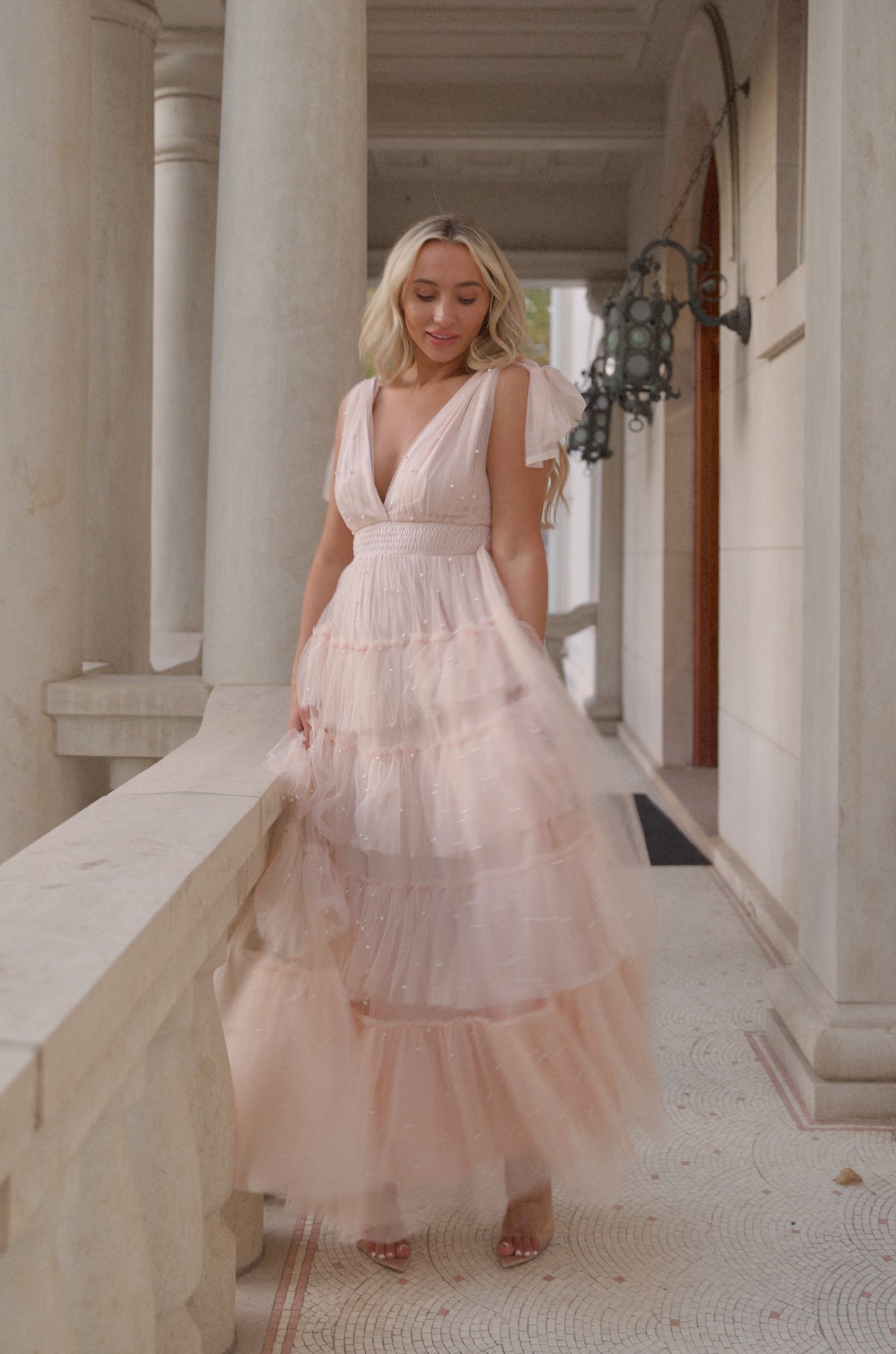 pink tiered tulle maxi dress gown with pearl embellishment