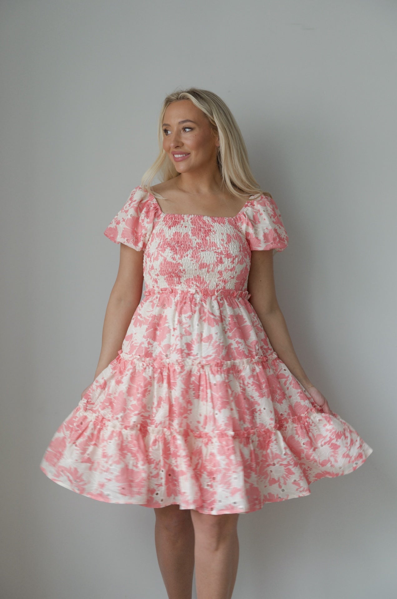 Pink Puff Sleeve Floral Dress