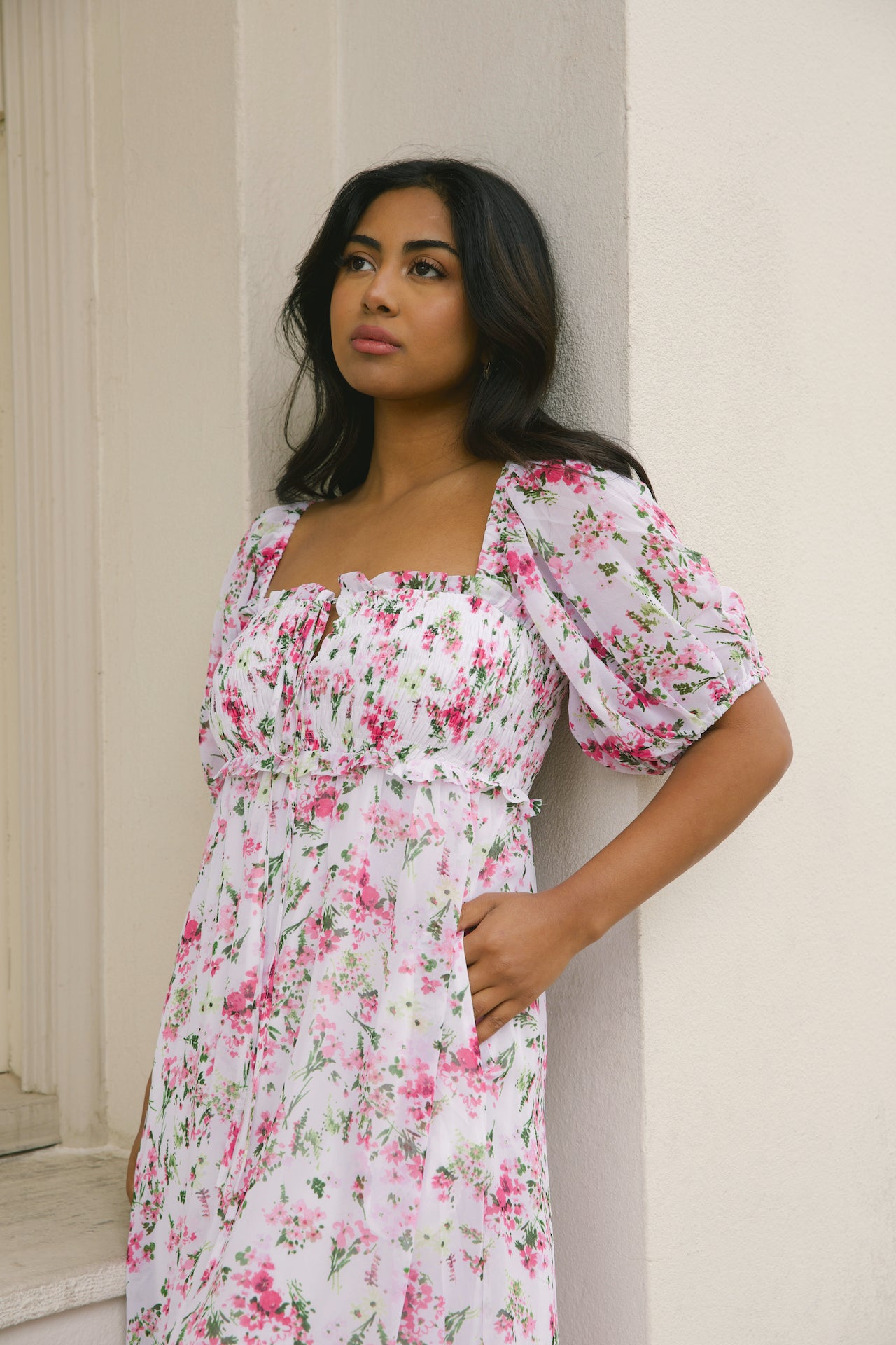 white and pink floral maxi dress with puff sleeves