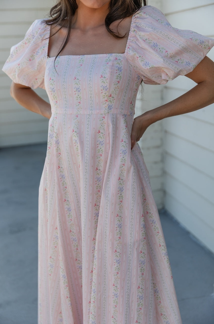 Pink Floral Cotton Puff Sleeve Midi Dress