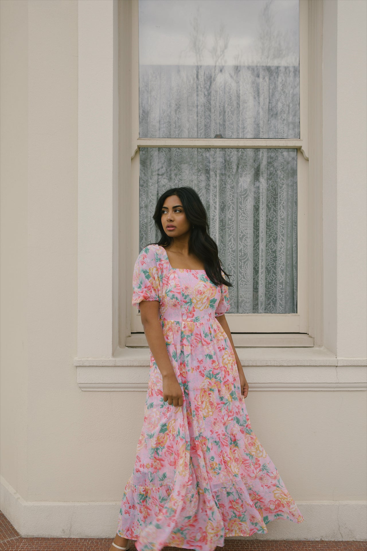 chiffon pink floral maxi dress with puff sleeves and a square neckline