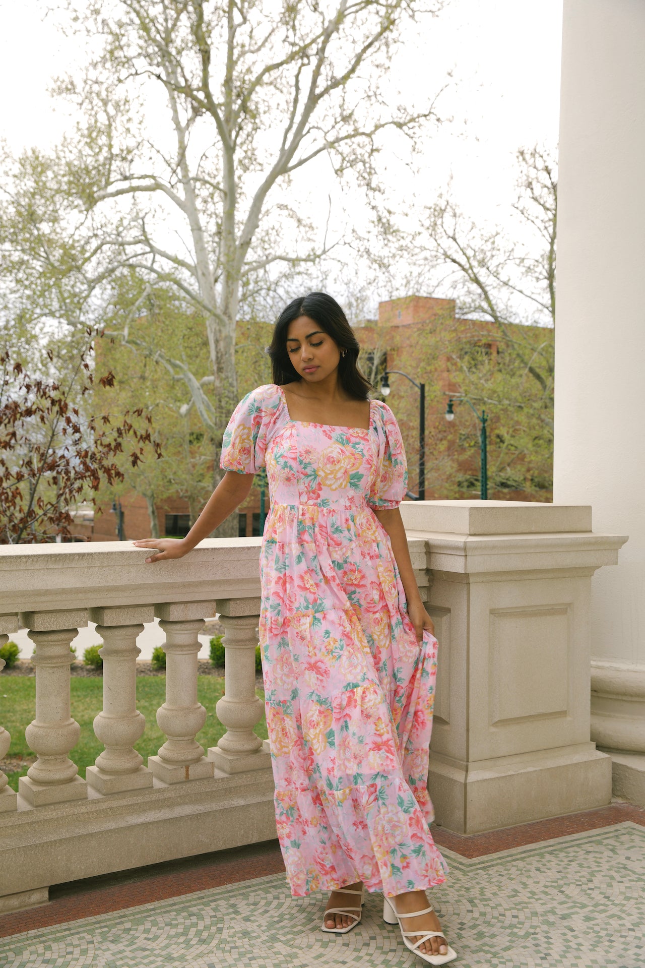 chiffon pink floral maxi dress with puff sleeves and a square neckline