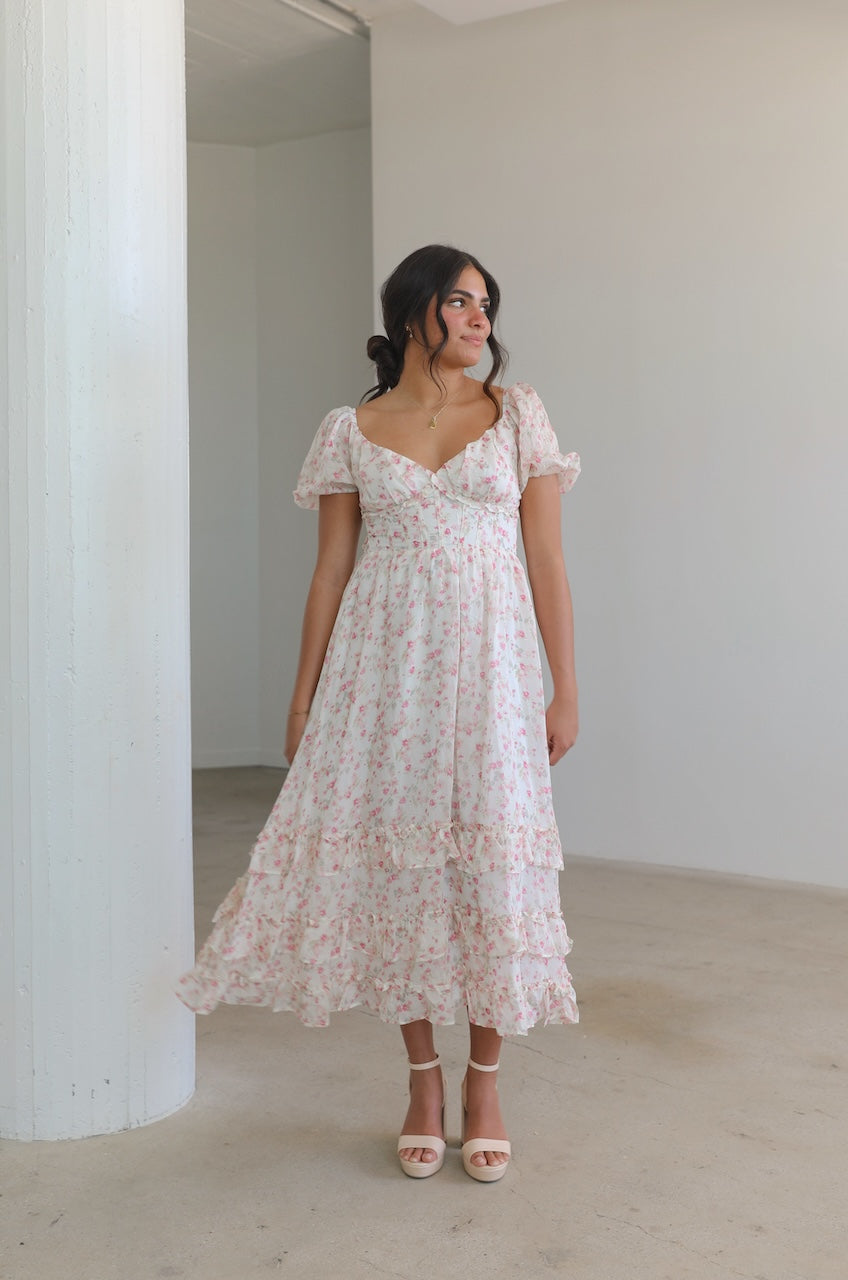Ruffle Floral Corset Maxi Dress M Ruffle Floral Corset Maxi Dress M