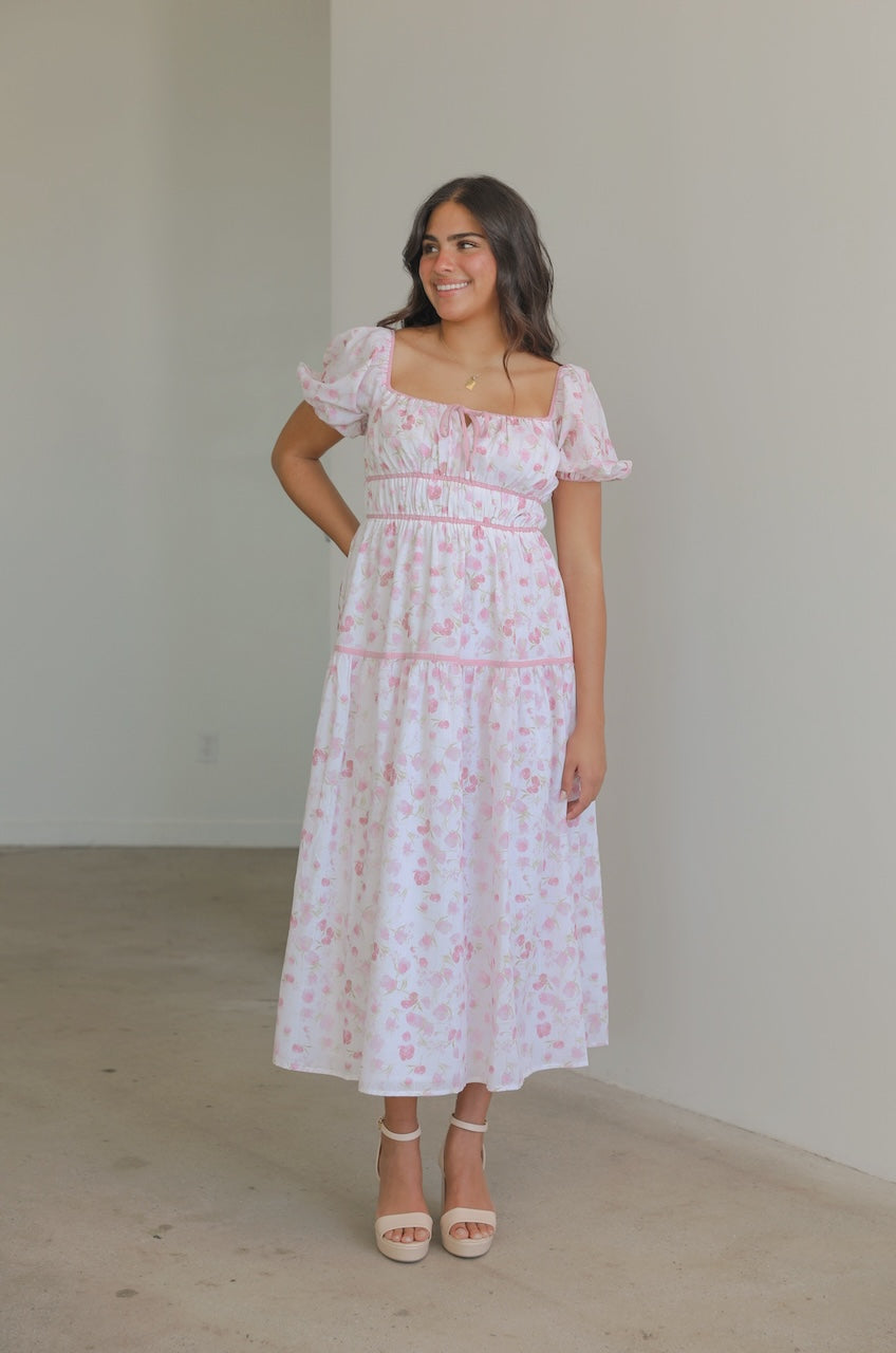 Ivory Pink Floral Puff Sleeve Midi Dress