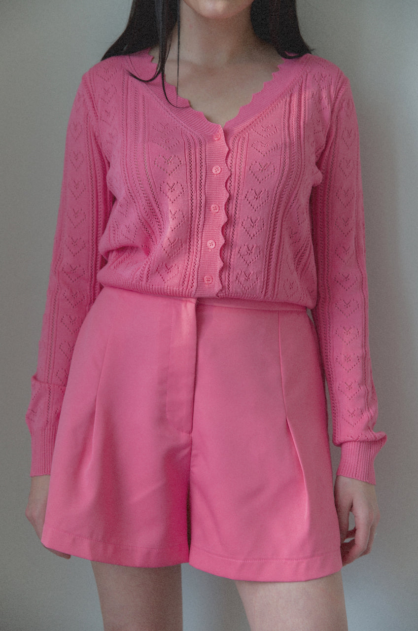 Pink Pointelle Hearts Knit Cardigan