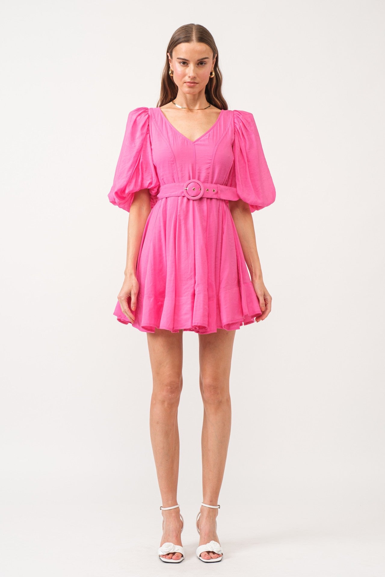 pink puff sleeve poplin babydoll mini dress with a belt