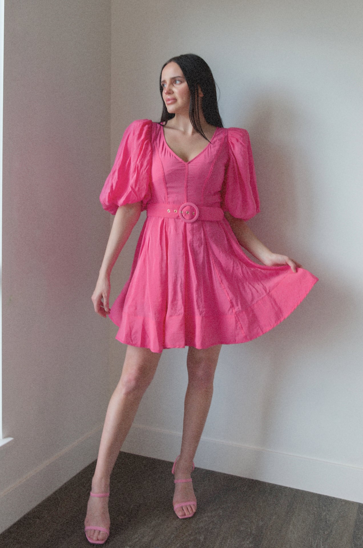 pink puff sleeve poplin babydoll mini dress with a belt