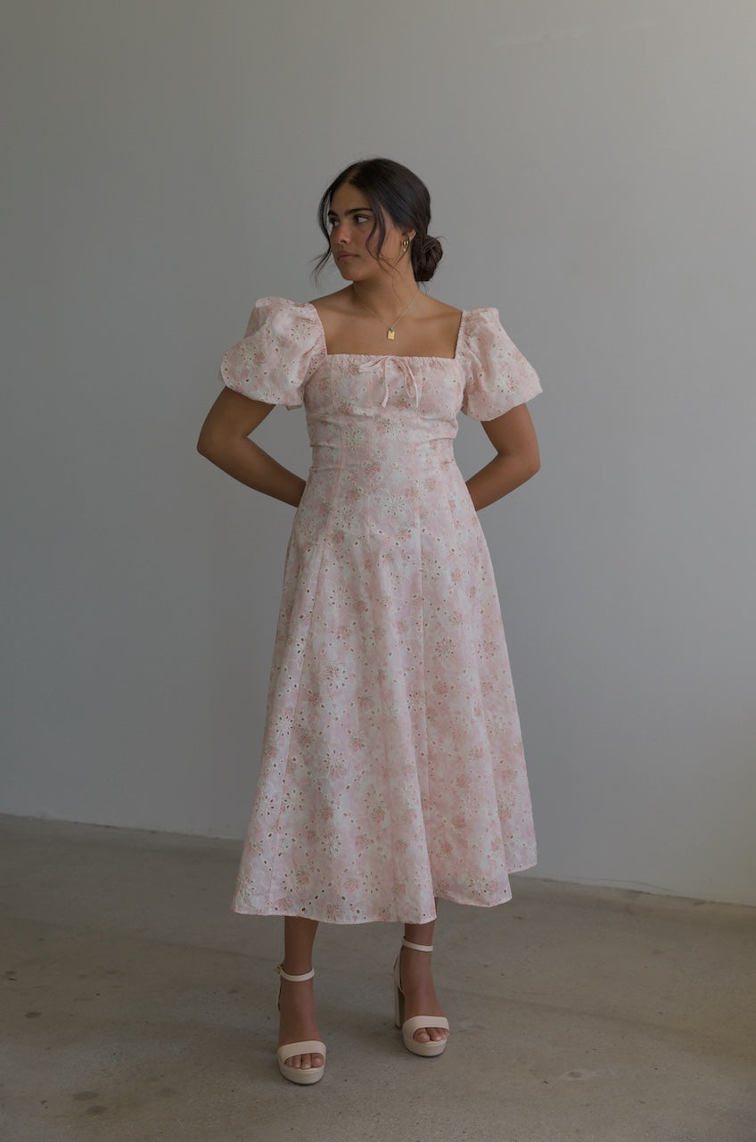 Blush Pink Floral Puff Sleeve Midi Dress L Blush Pink Floral Puff Sleeve Midi Dress L