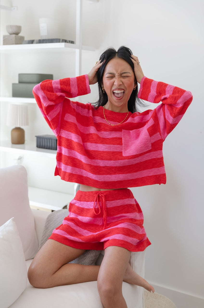 Pink/Red Striped Knit Top & Shorts Set