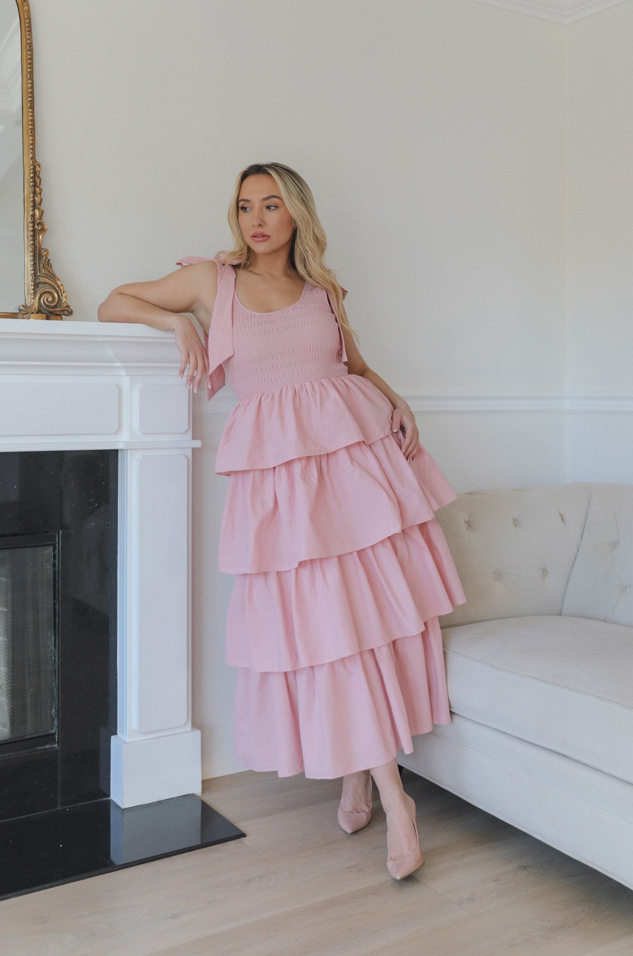 pink ruffle tiered midi dress with smocked bodice