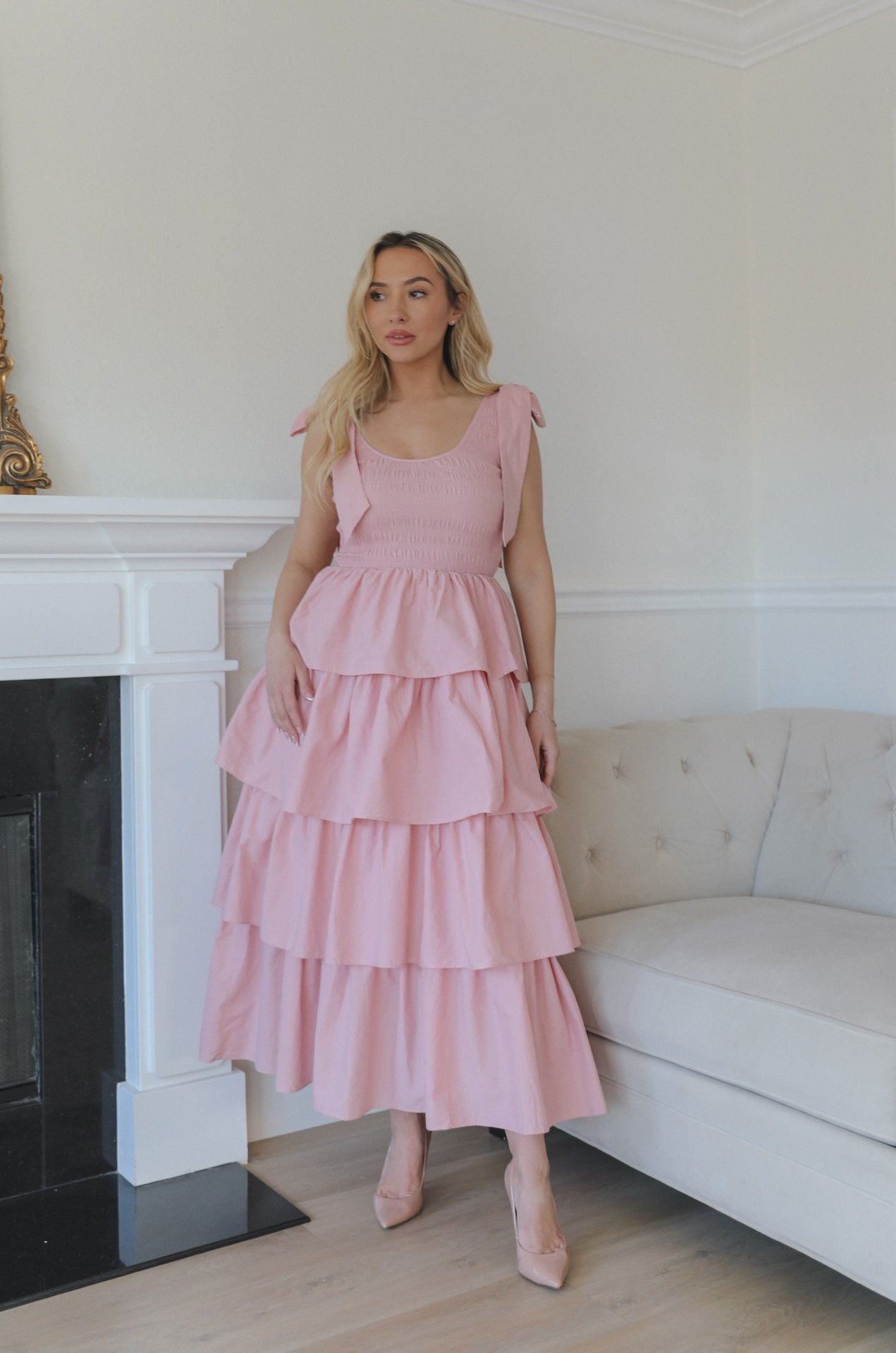 pink ruffle tiered midi dress with smocked bodice