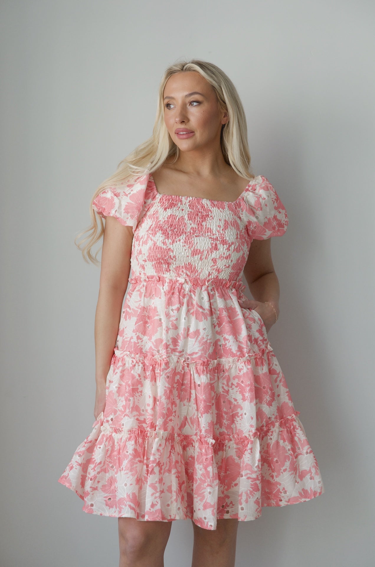 Pink Puff Sleeve Floral Dress M