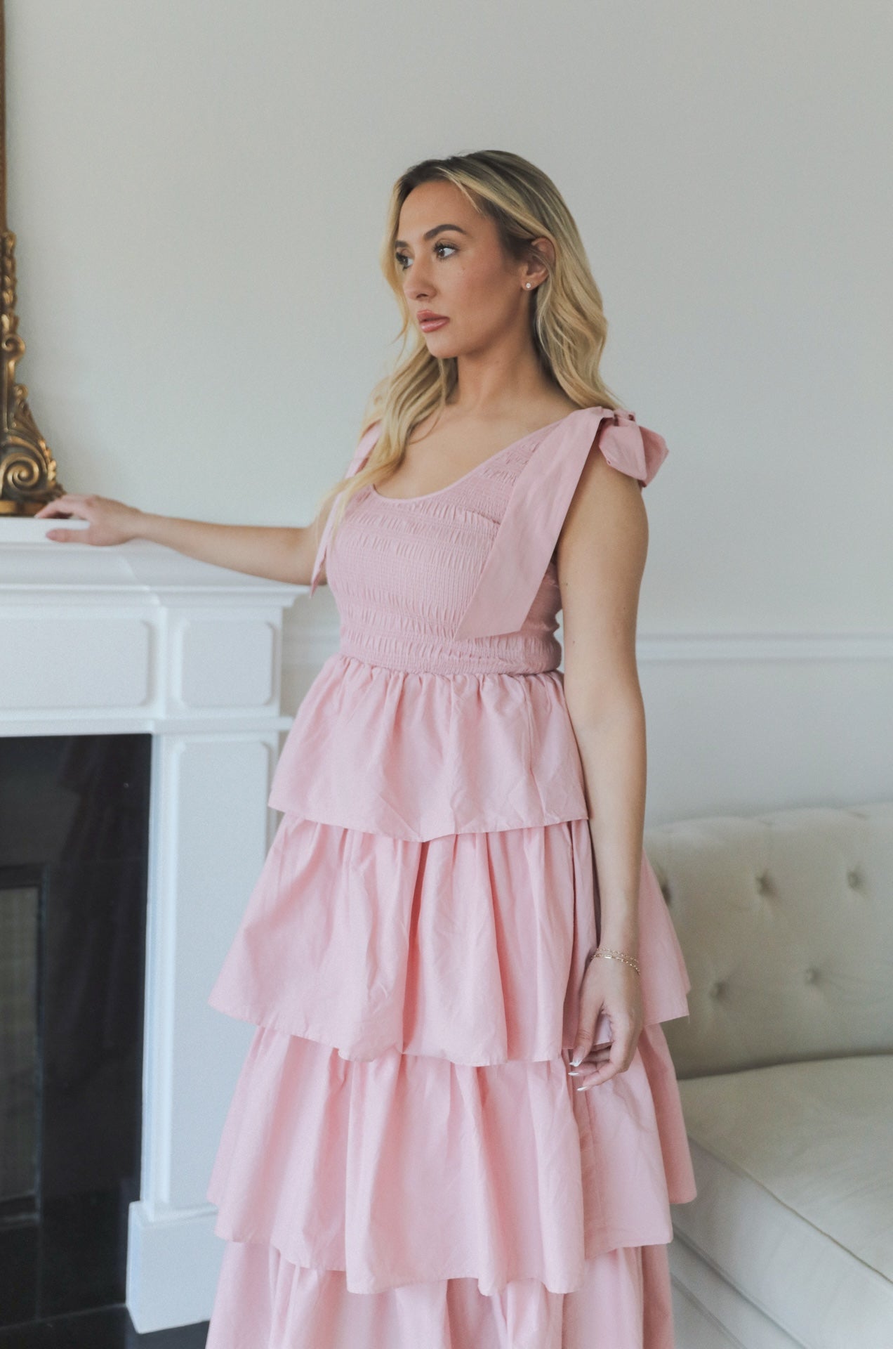 pink ruffle tiered midi dress with smocked bodice
