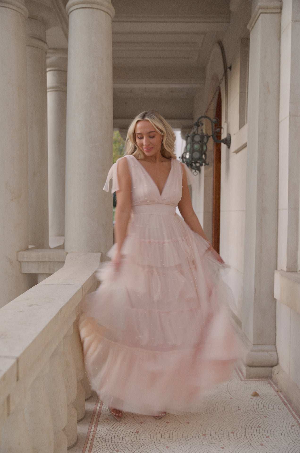 pink tiered tulle maxi dress gown with pearl embellishment