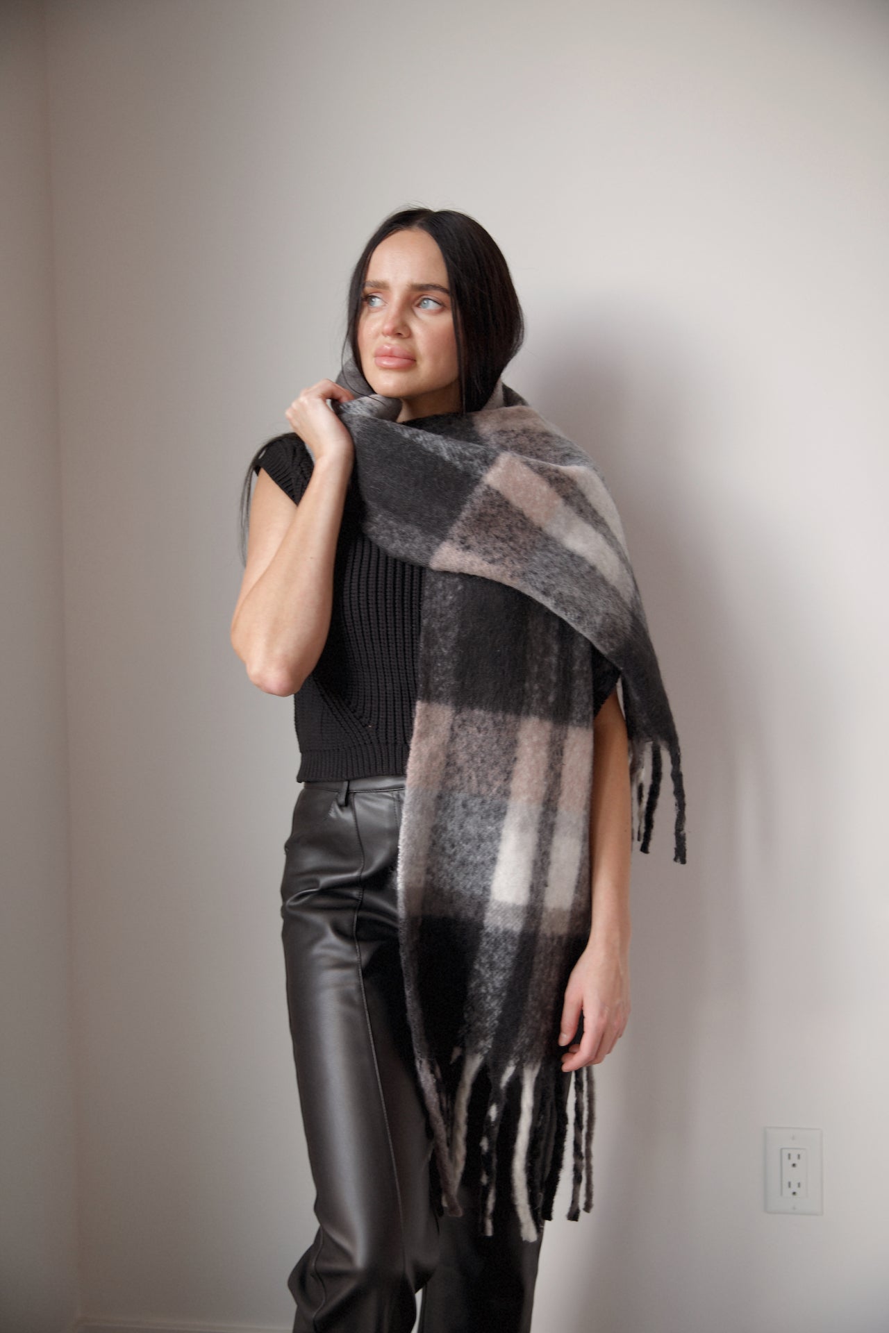 multicolor black and grey checkered plaid fringe blanket scarf