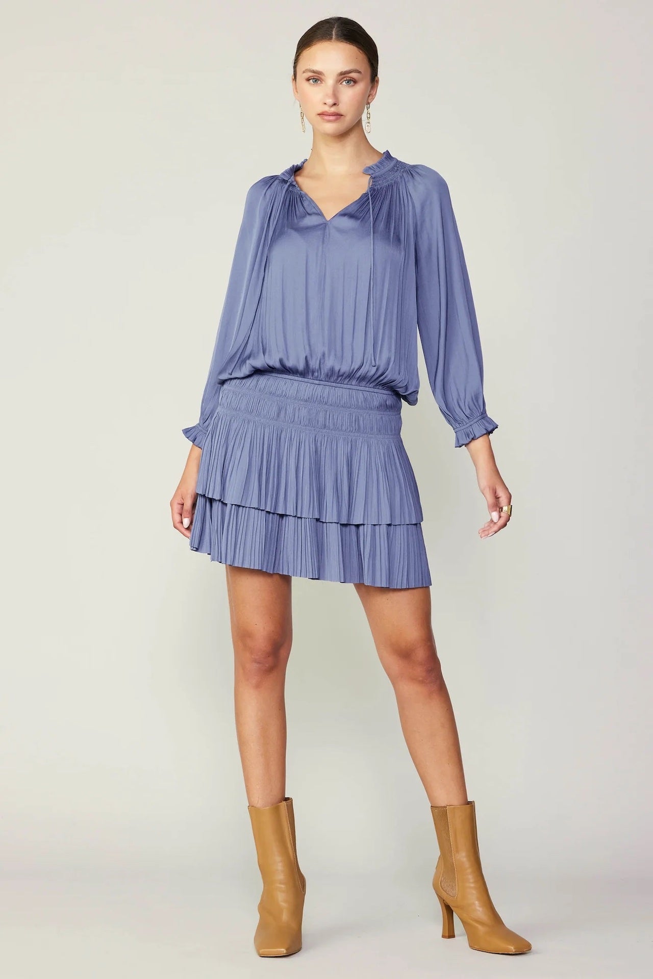 current air dress pleated mini dress with long sleeves