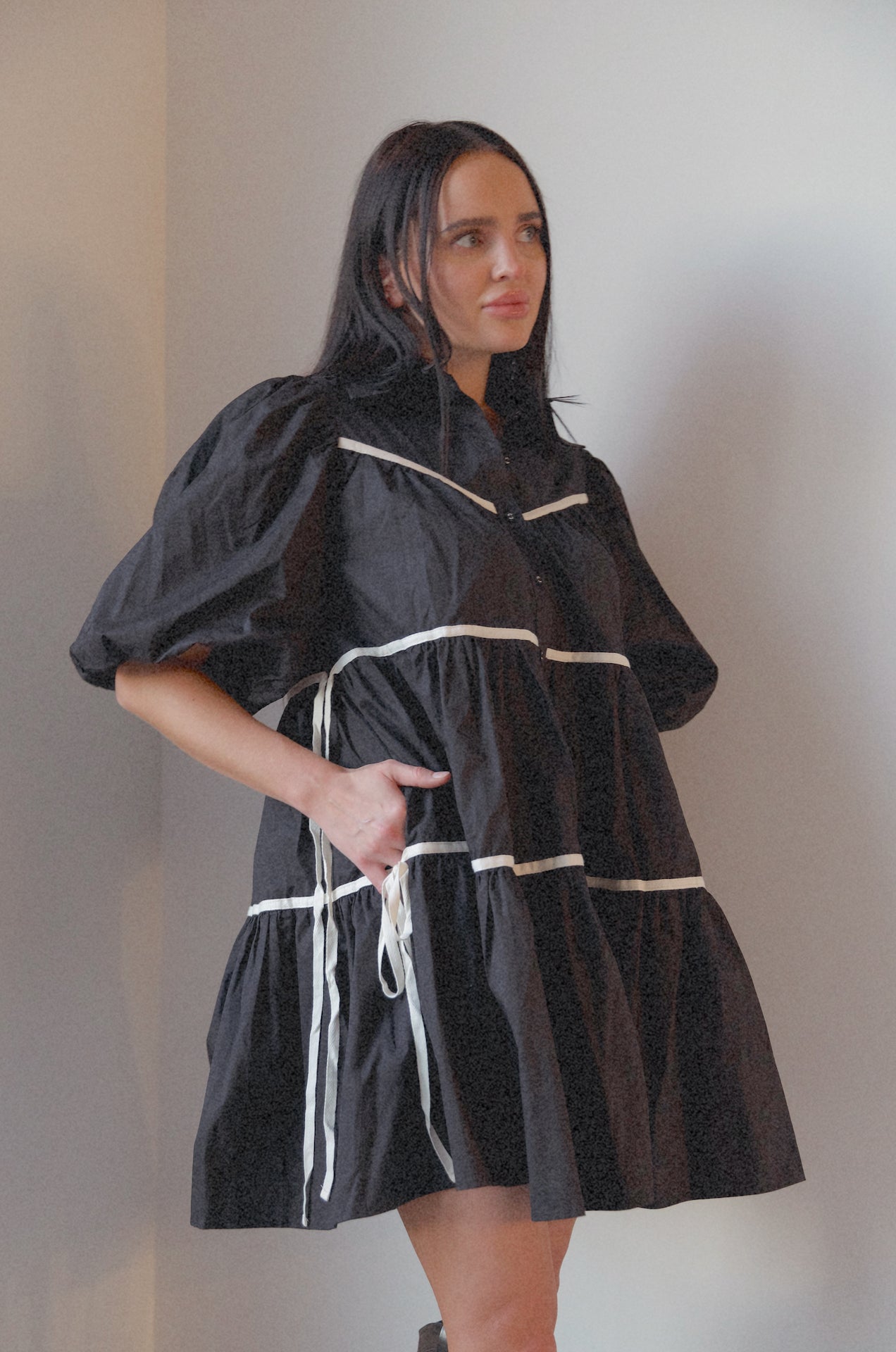 black poplin puff sleeve babydoll mini dress