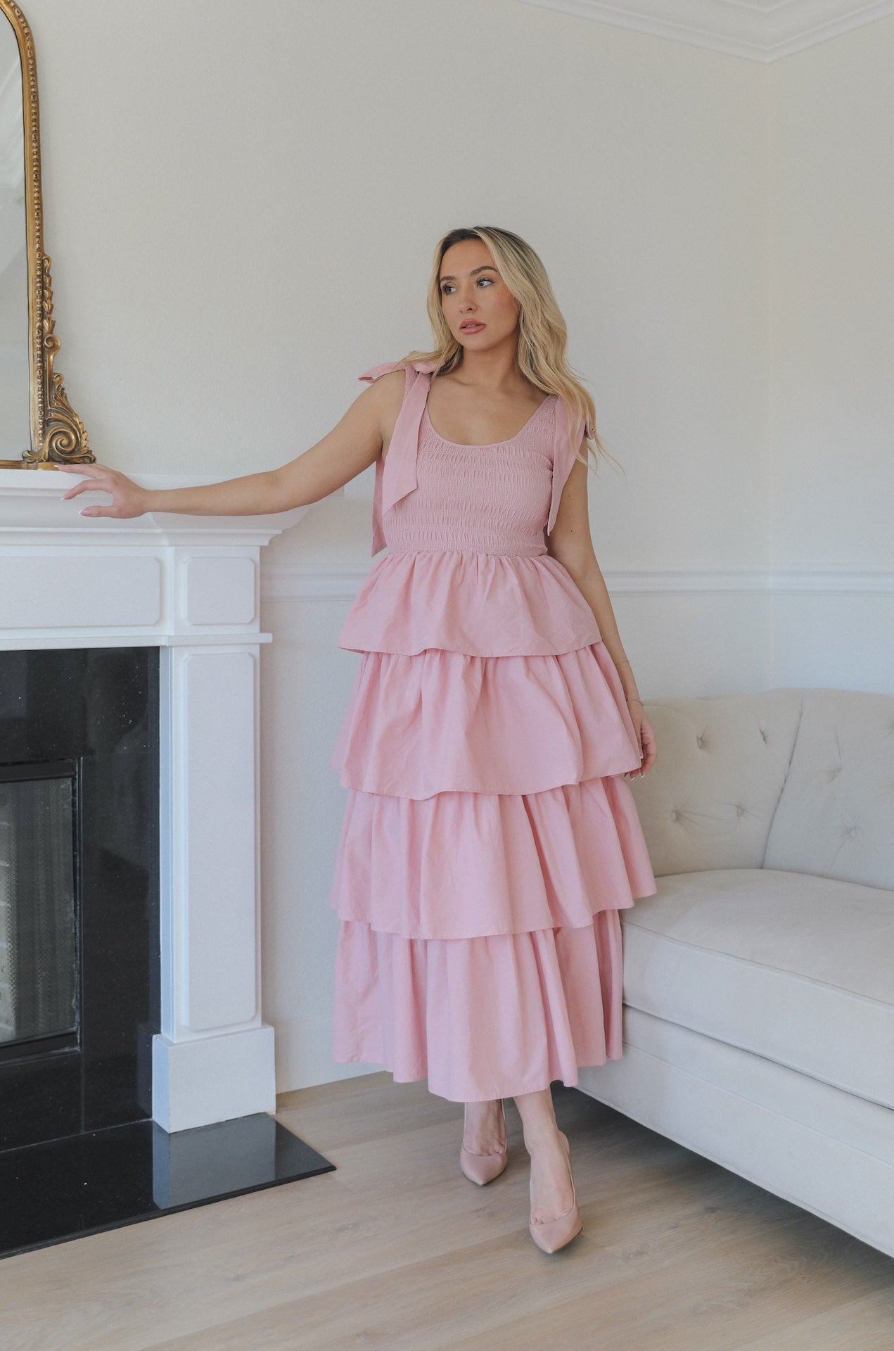 pink ruffle tiered midi dress with smocked bodice