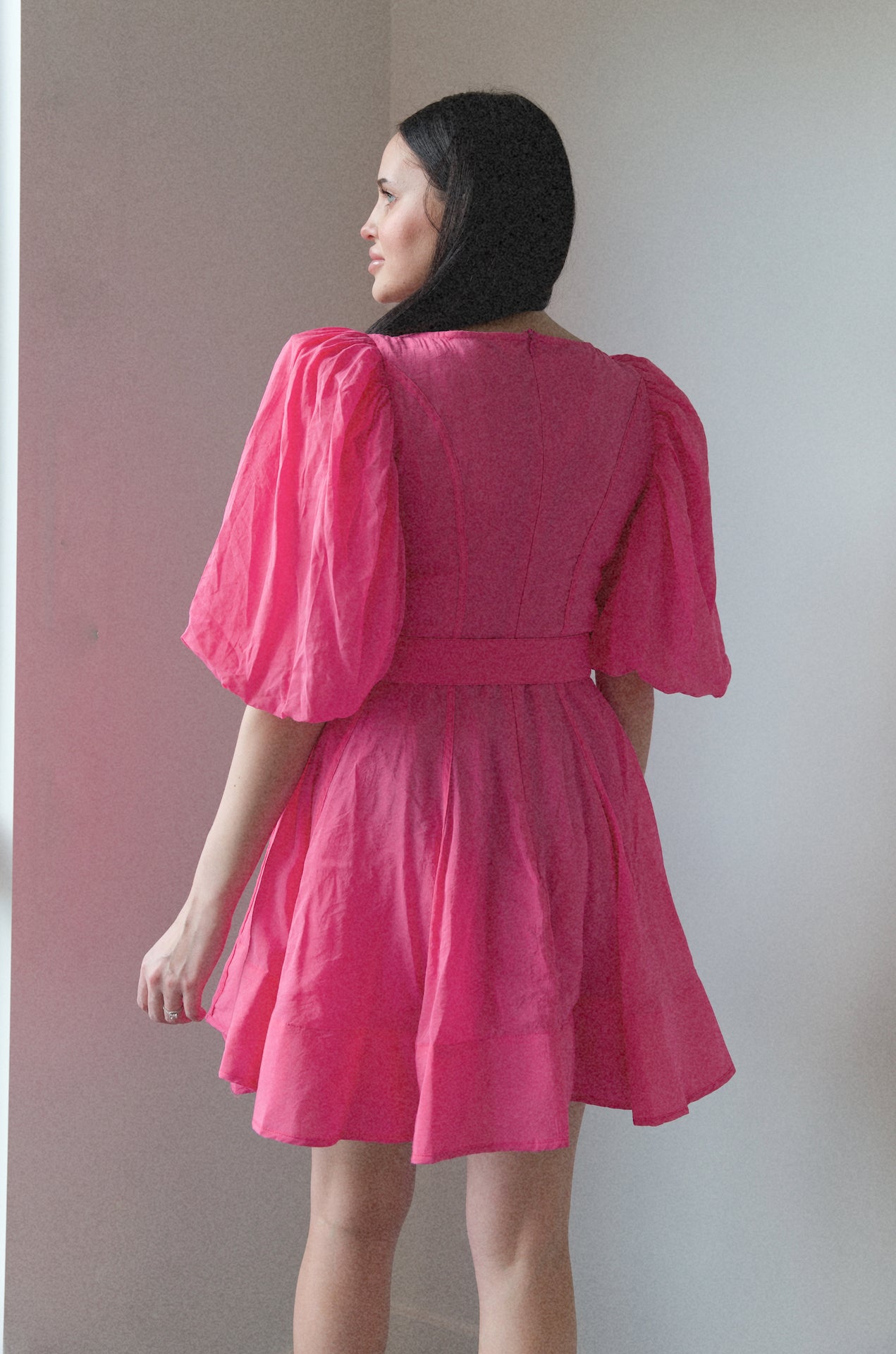 pink puff sleeve poplin babydoll mini dress with a belt