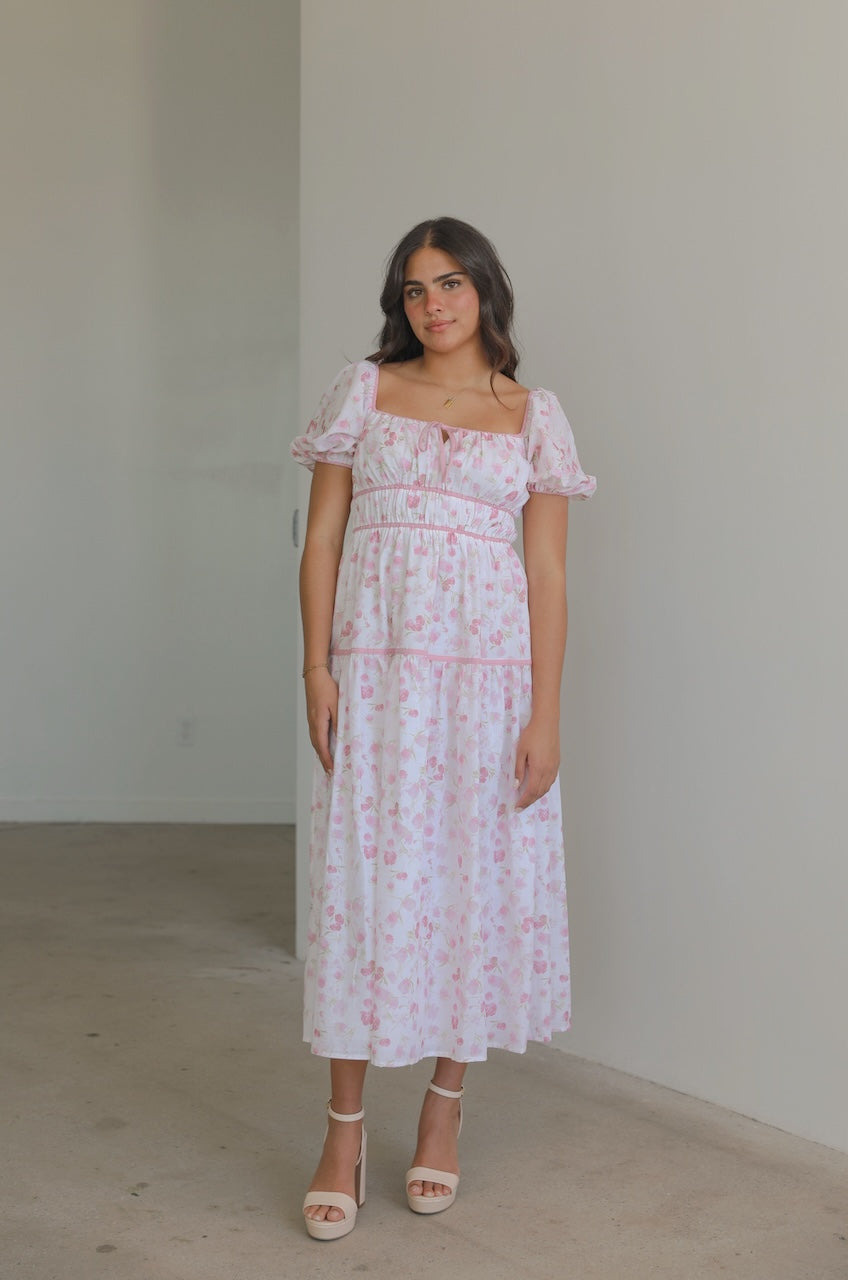 Ivory Pink Floral Puff Sleeve Midi Dress