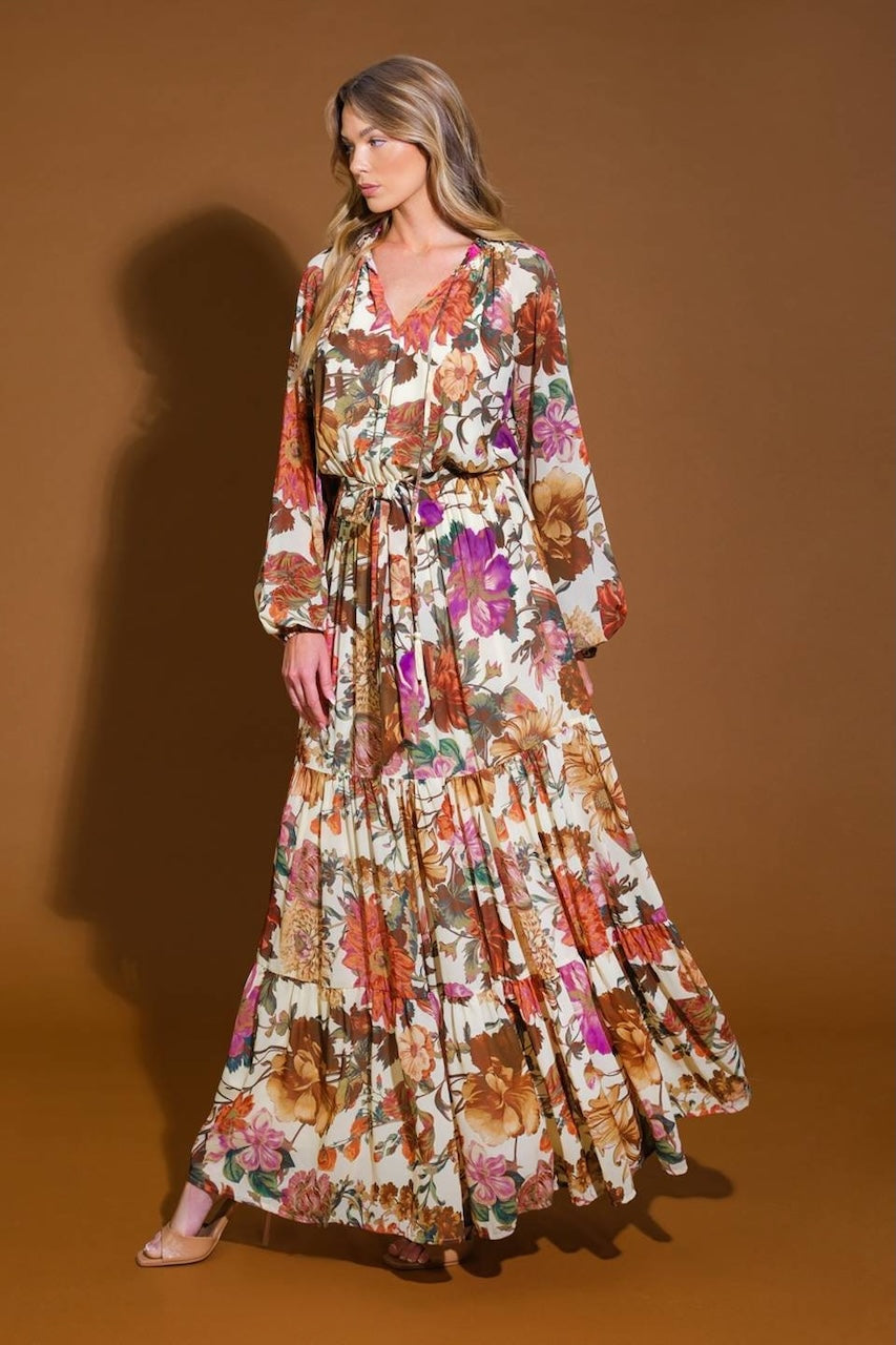 Floral Boho Maxi Dress - Flowy Tiered Long Sleeve