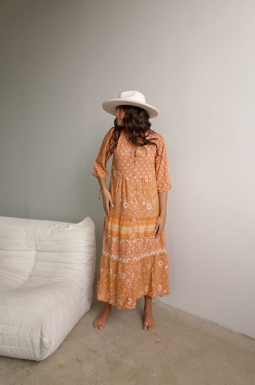 Orange Boho Floral Shirt Dress