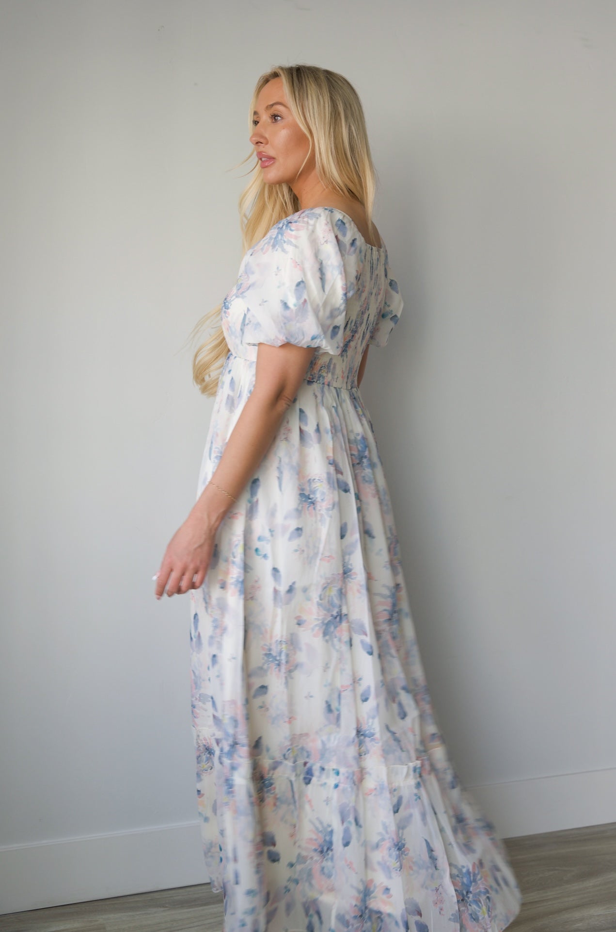 blue floral print square neck maxi dress