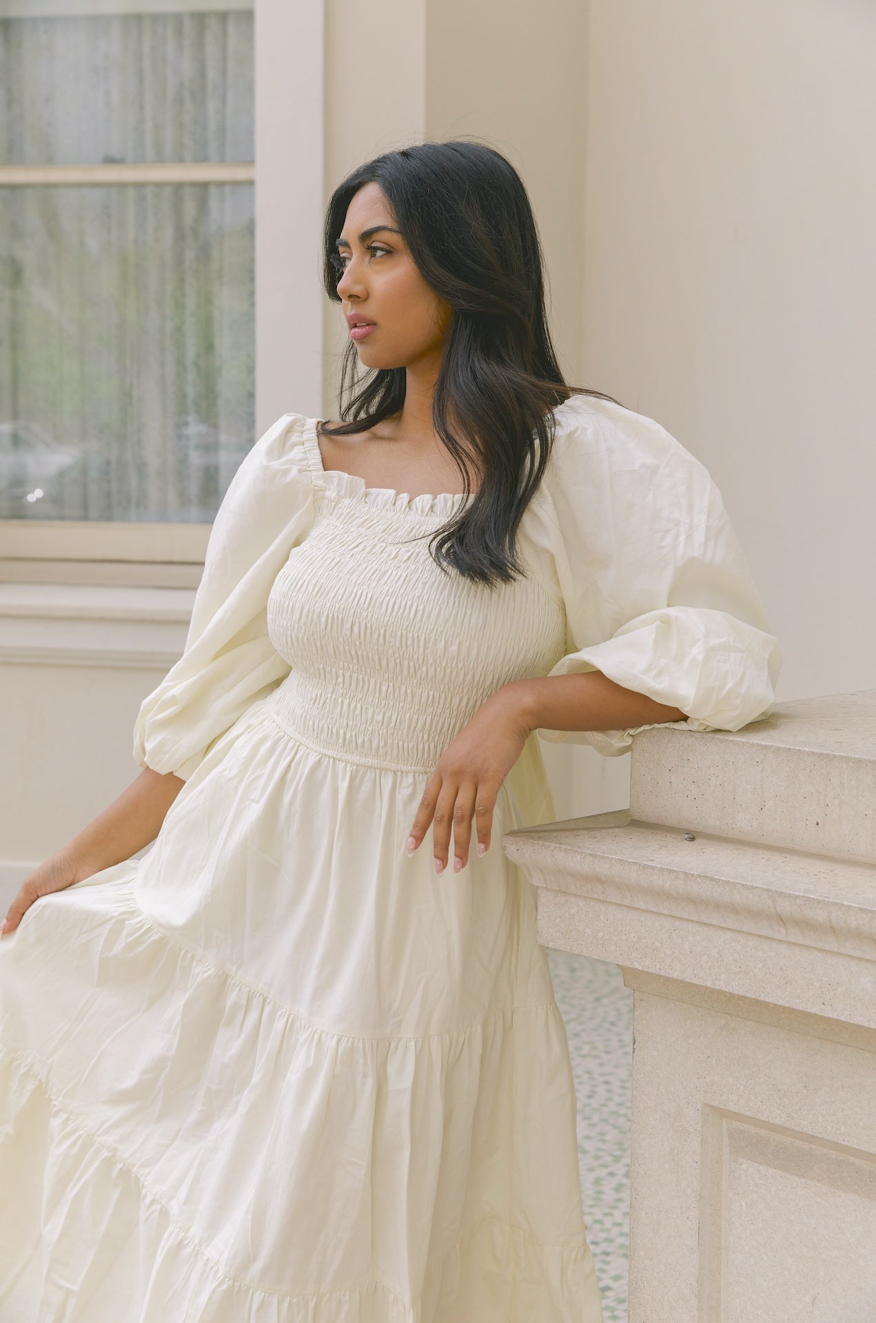 cream puff sleeve tiered midi dress with back tie