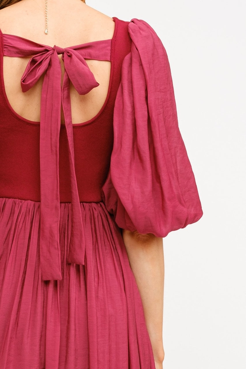 Enchanted Burgundy Puff Sleeve Midi Dress