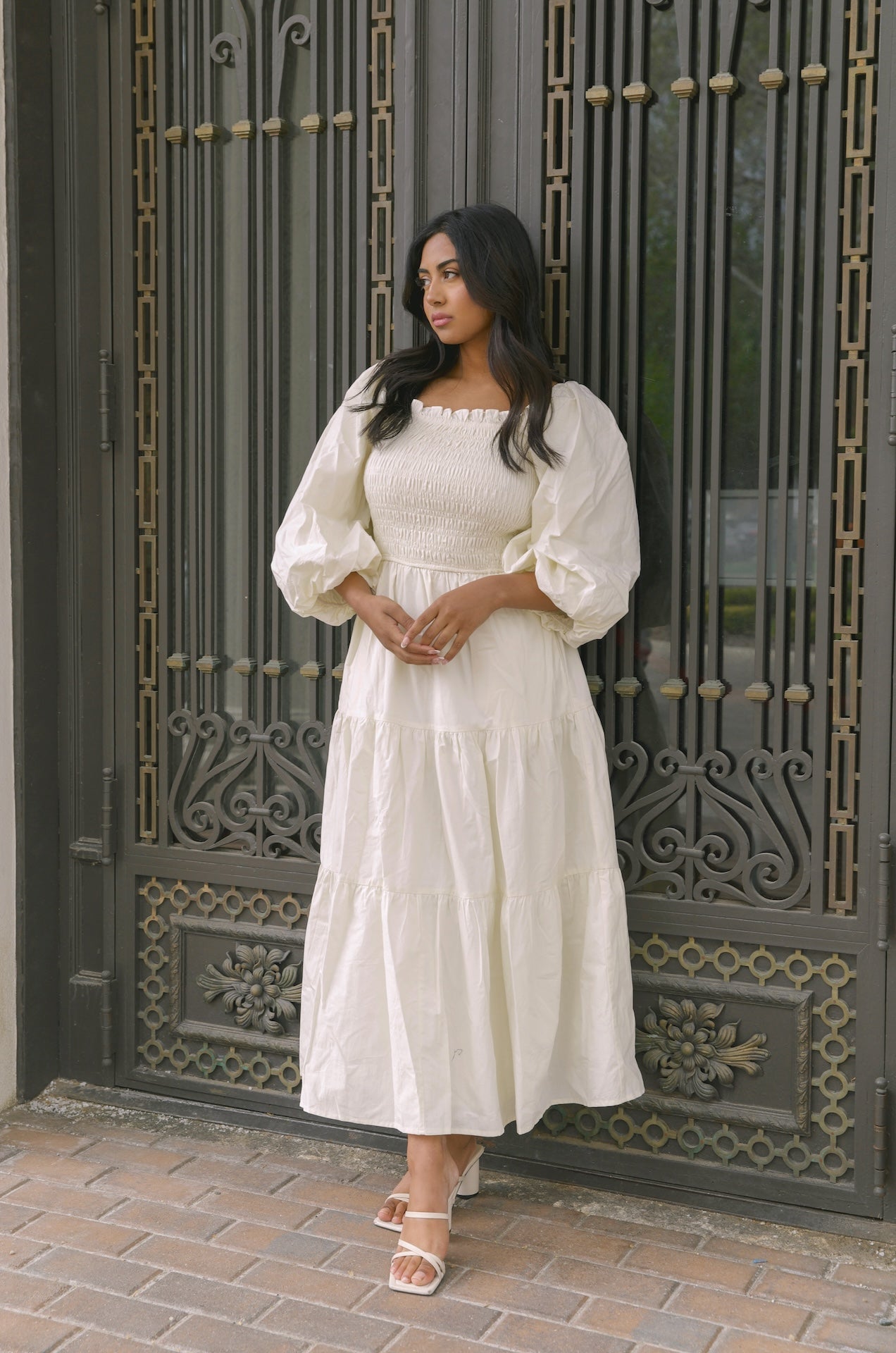 cream puff sleeve tiered midi dress with back tie