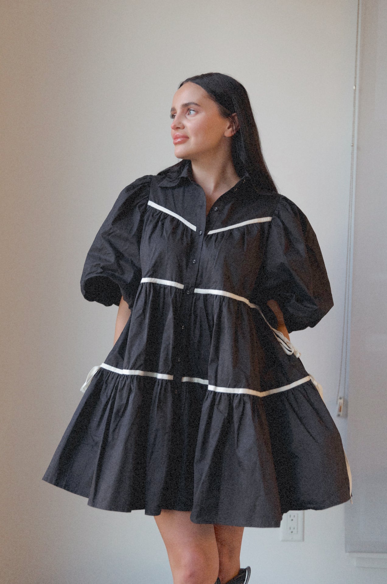 black poplin puff sleeve babydoll mini dress
