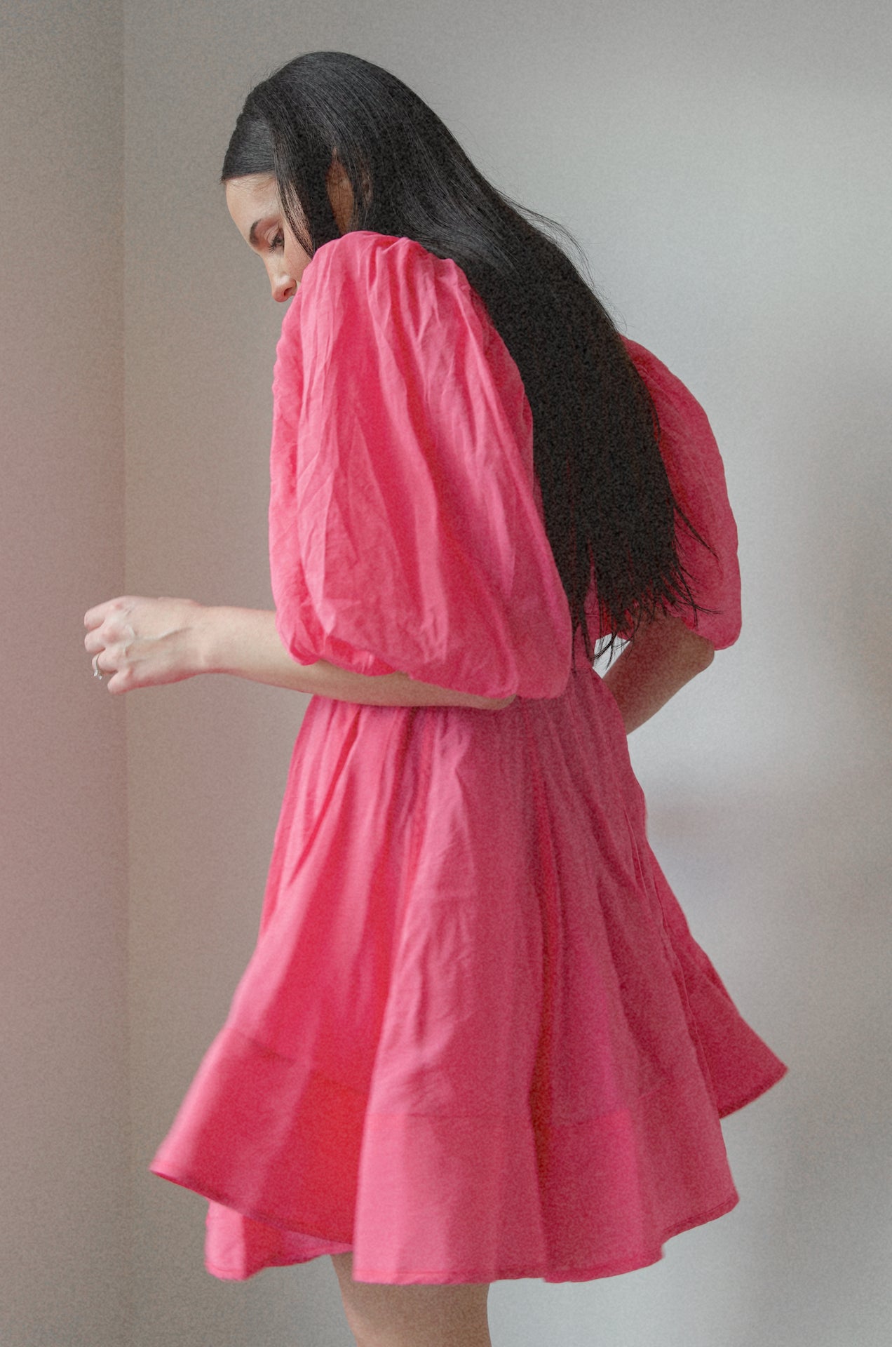 pink puff sleeve poplin babydoll mini dress with a belt