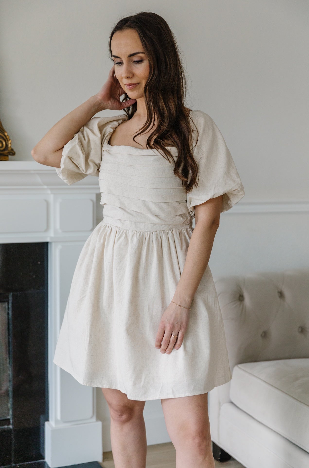 knee length dresses for ladies Linen Puff Sleeve Mini Dress S