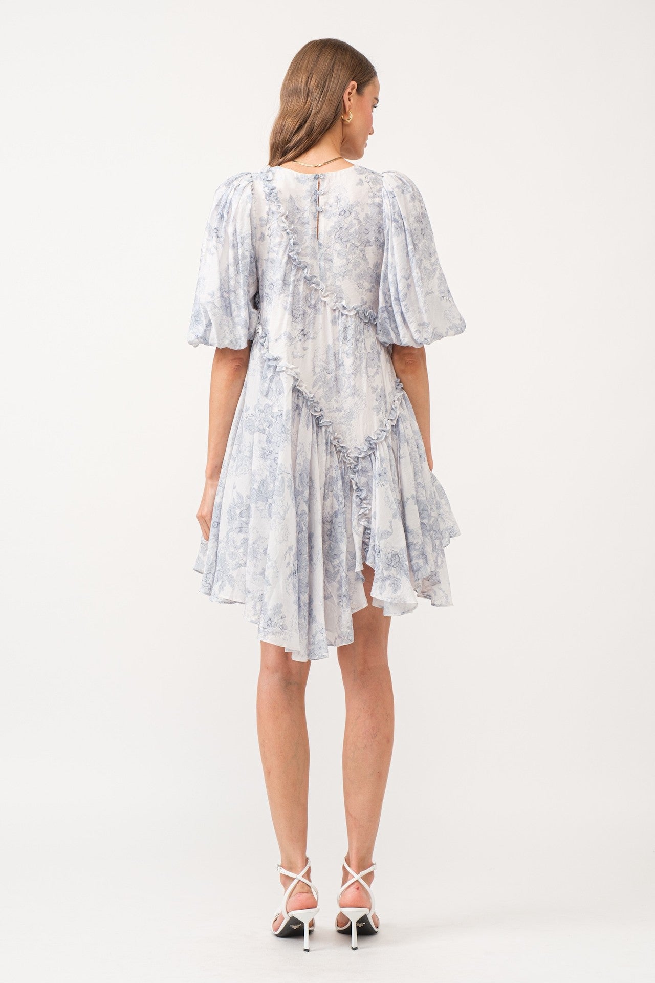 blue and white toile asymmetrical mini dress