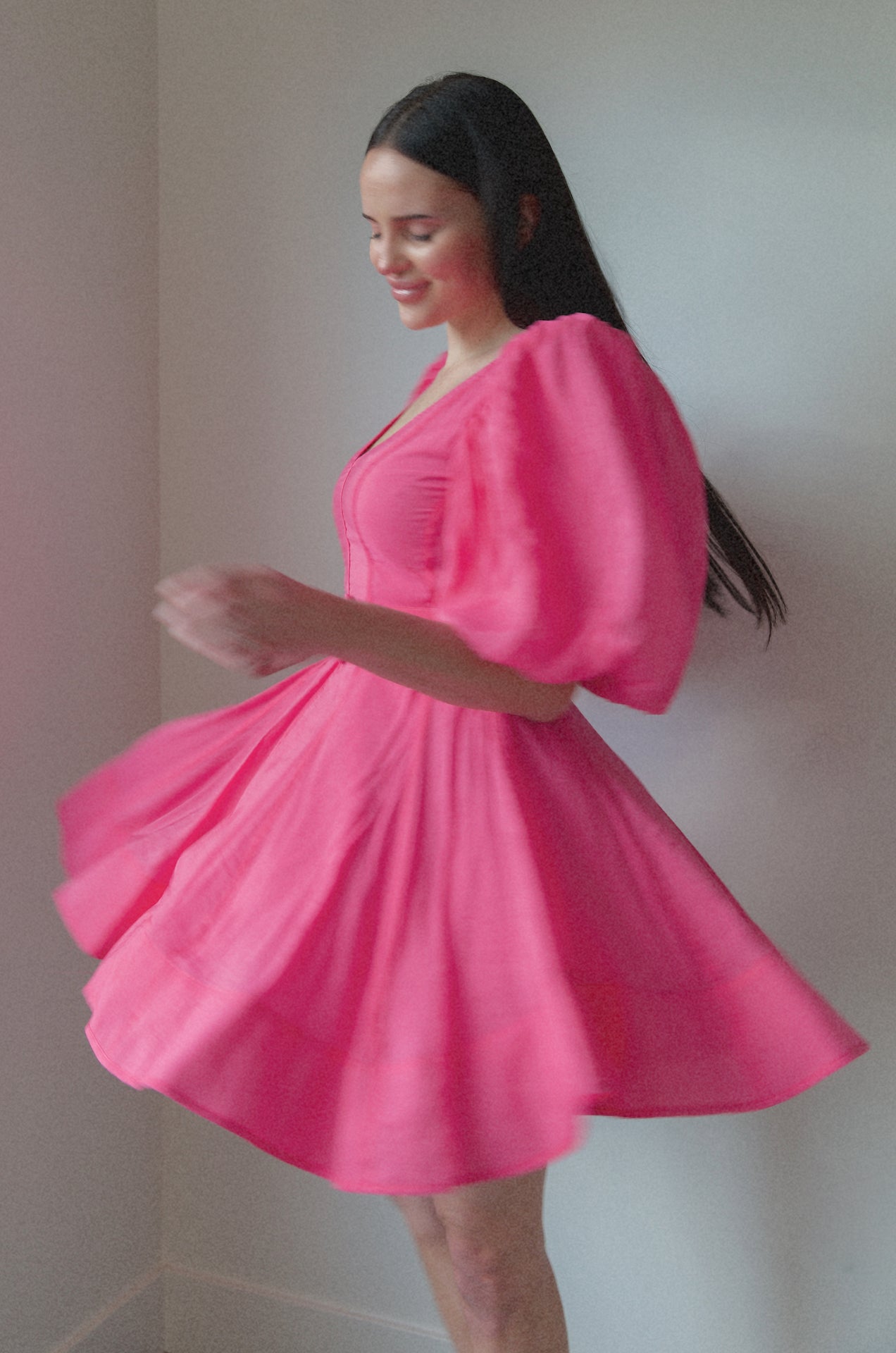 pink puff sleeve poplin babydoll mini dress with a belt