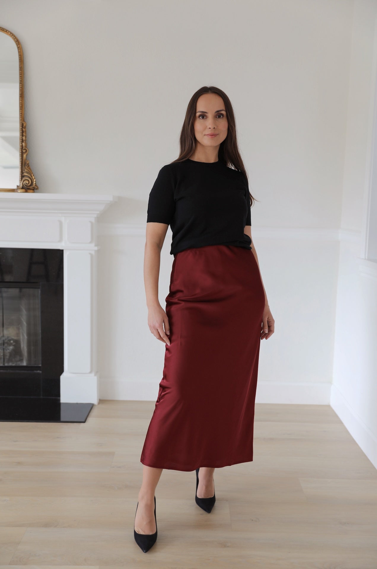 red burgundy satin midi skirt pull on