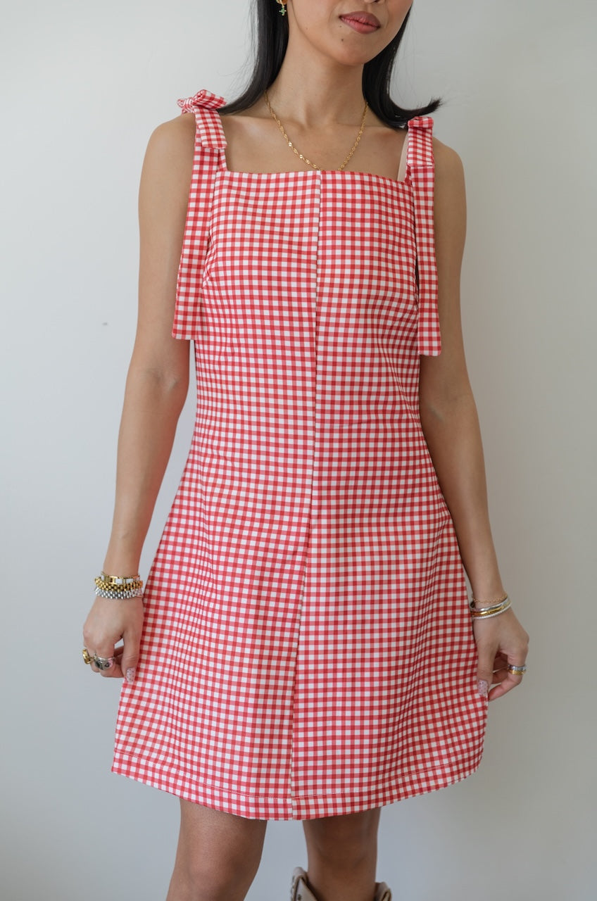 Woman wearing a red and white checkered gingham dress with floral boots on a plain background