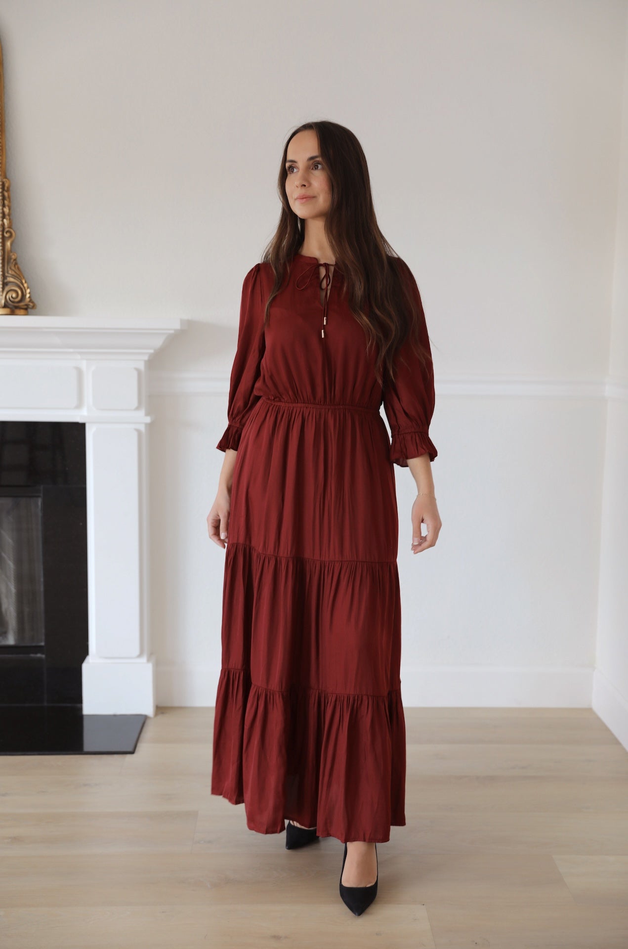 open lace back dress Red Tiered Midi Dress with Elastic Waist Belt – Saffron Threads main image 0