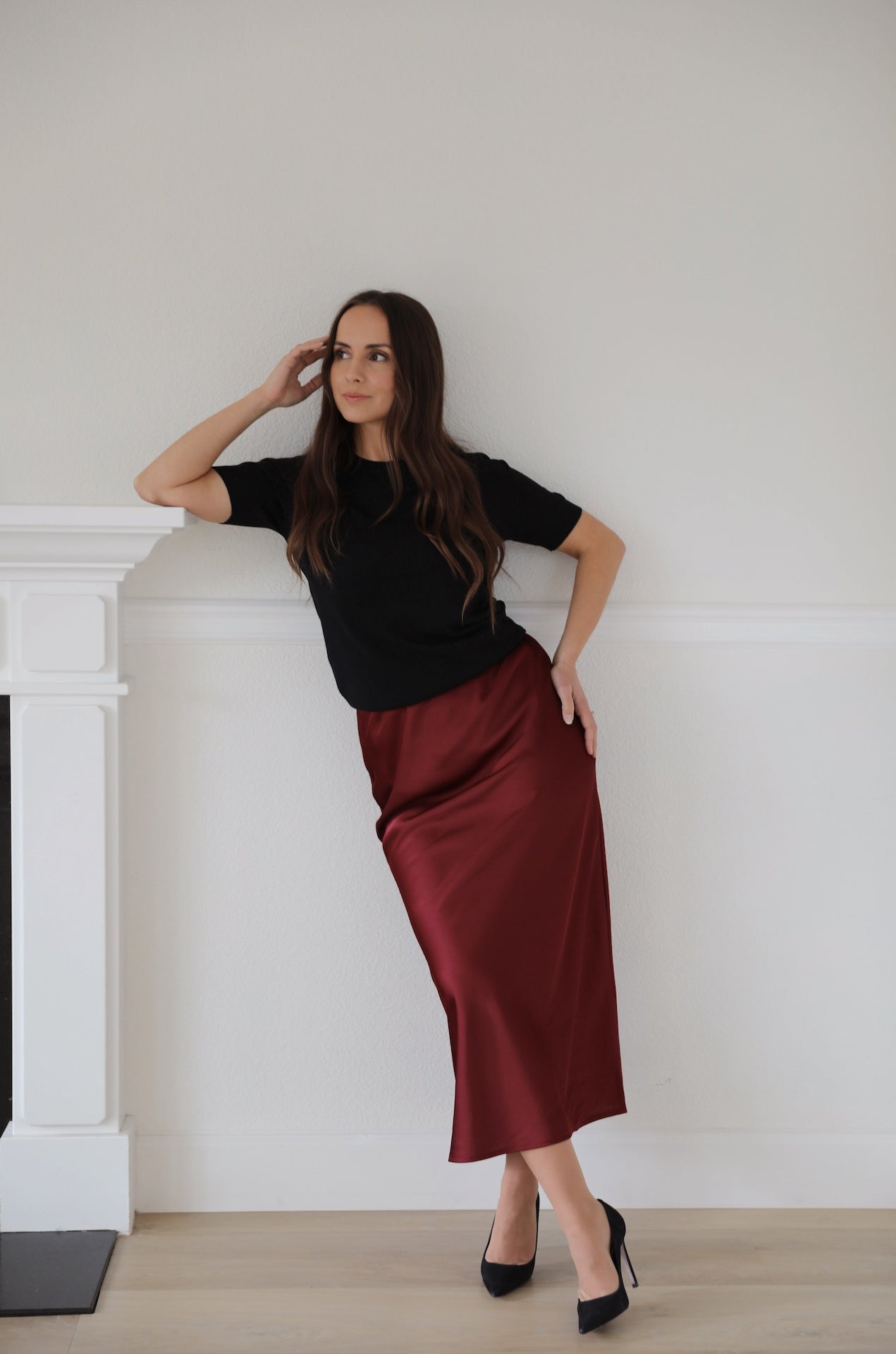red burgundy satin midi skirt pull on