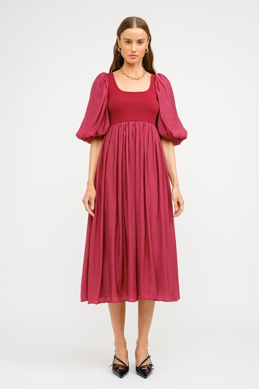 Burgundy Puff Sleeve Midi Dress L