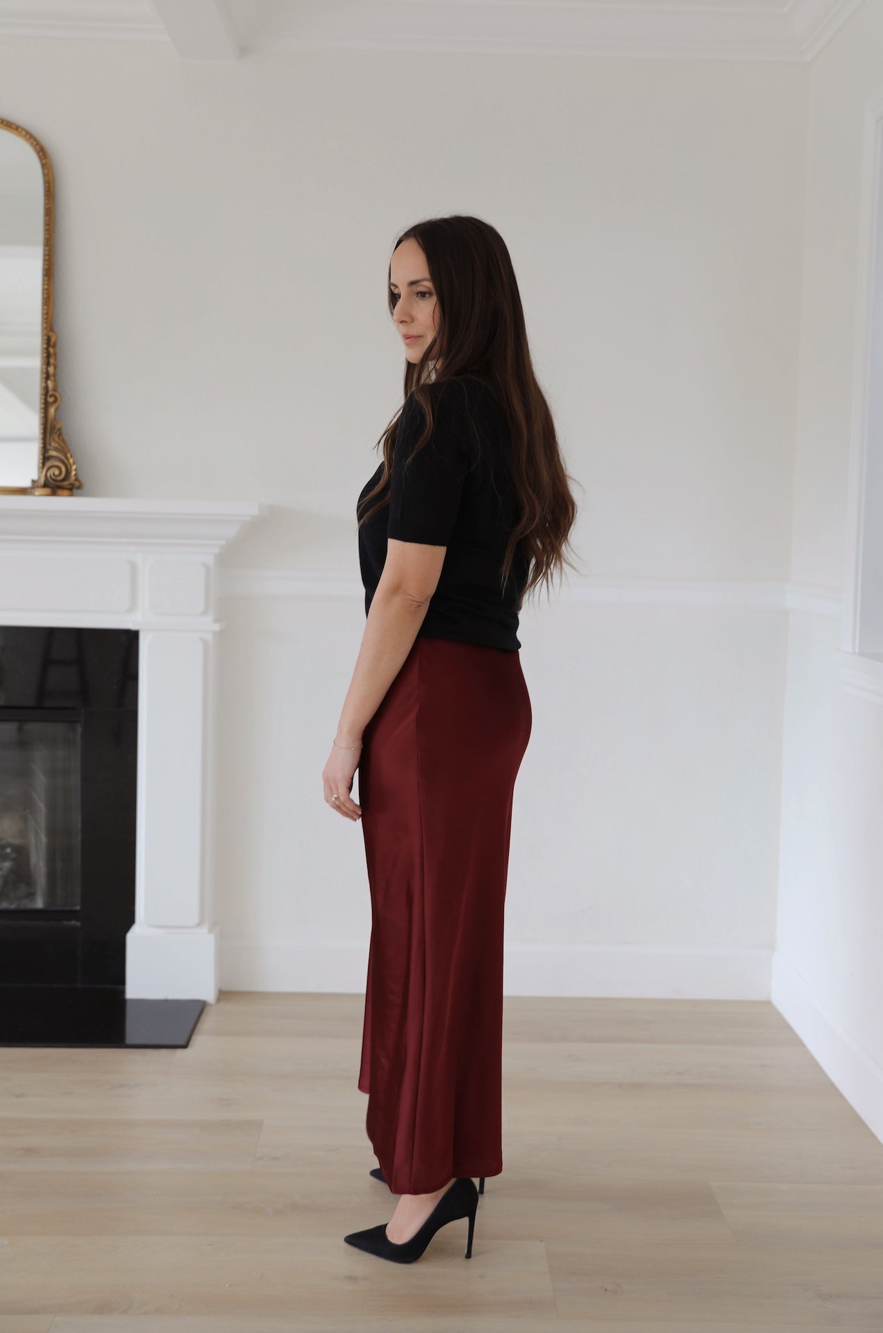 red burgundy satin midi skirt pull on