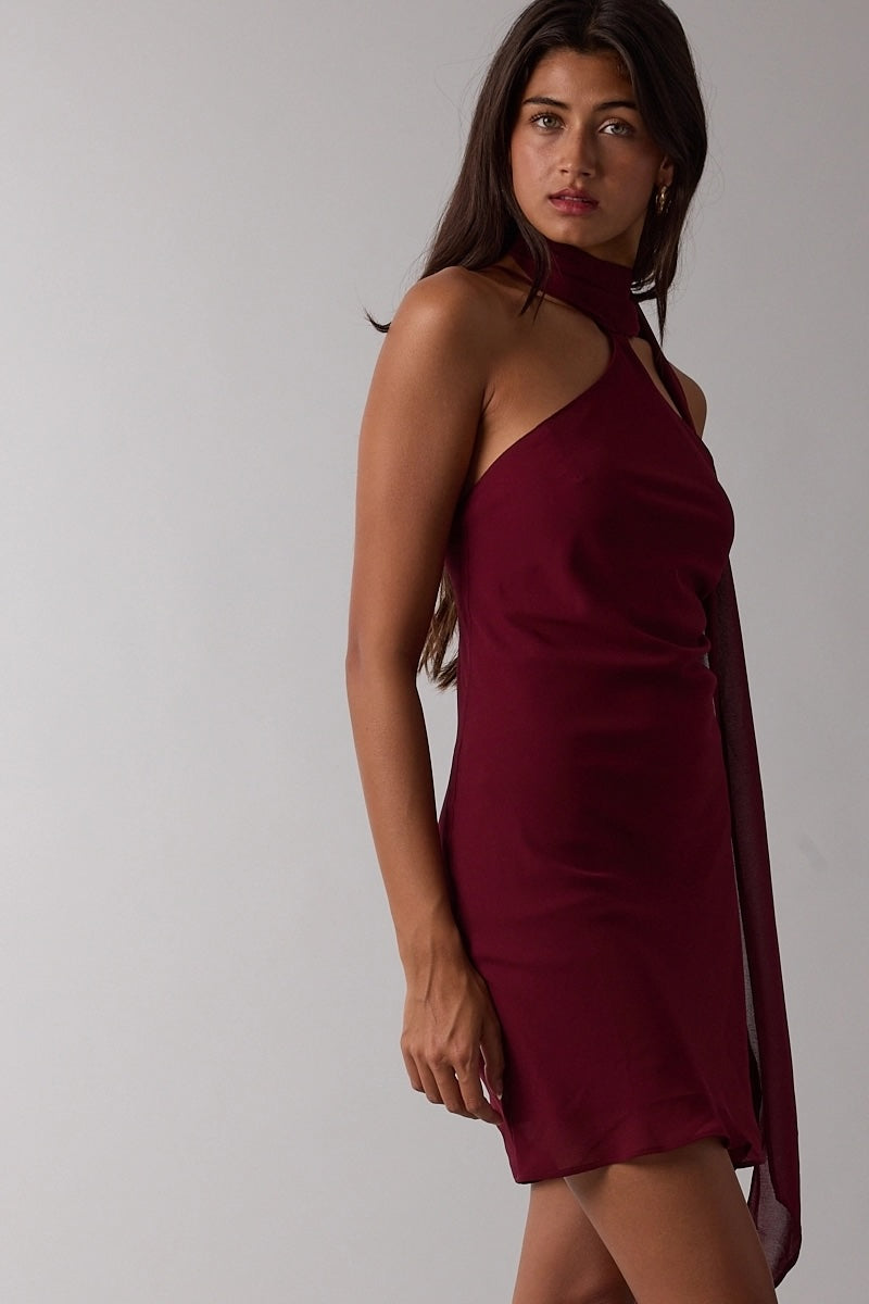 Burgundy Halter Scarf Mini Dress