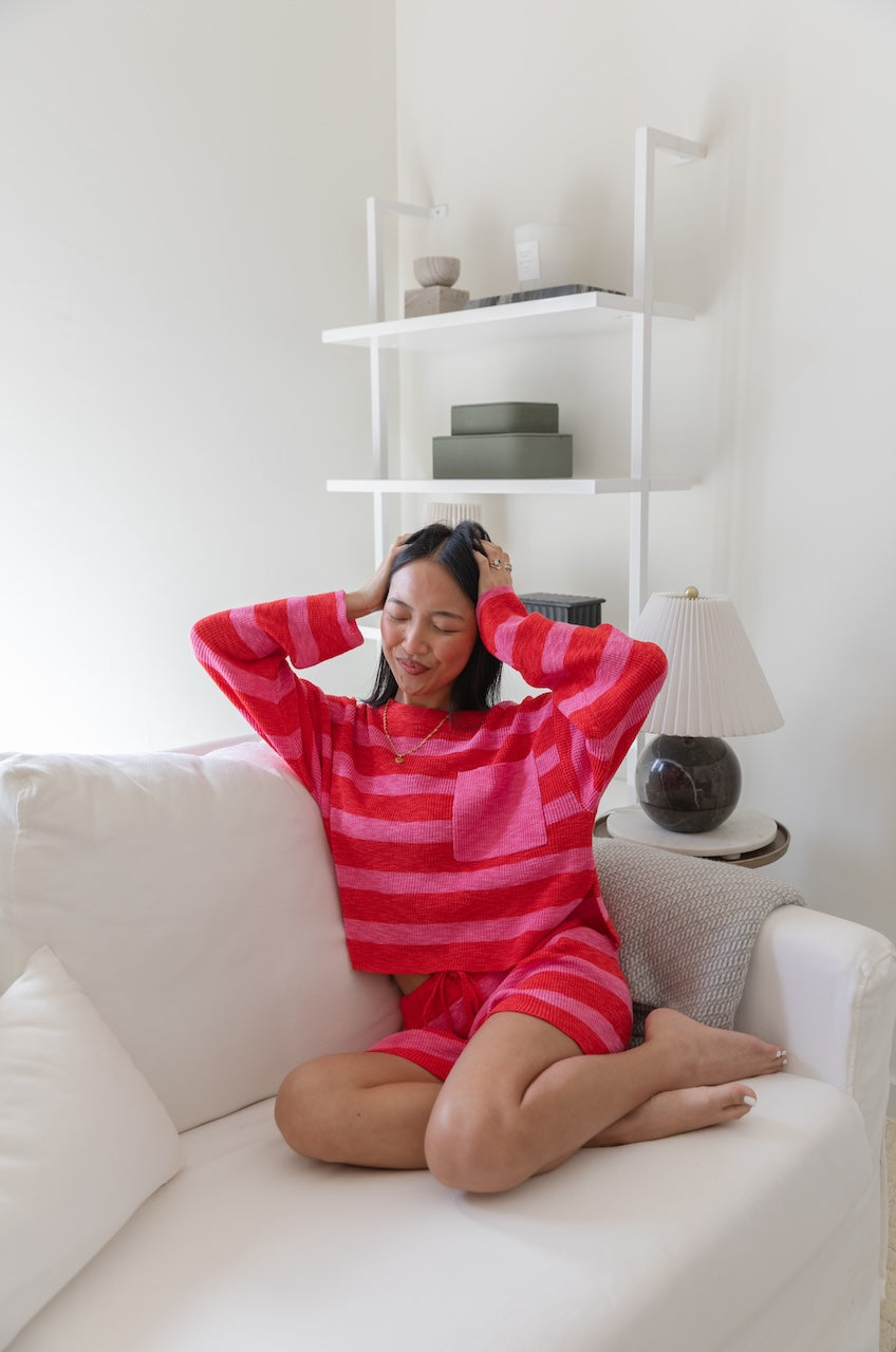 Pink/Red Striped Knit Top & Shorts Set