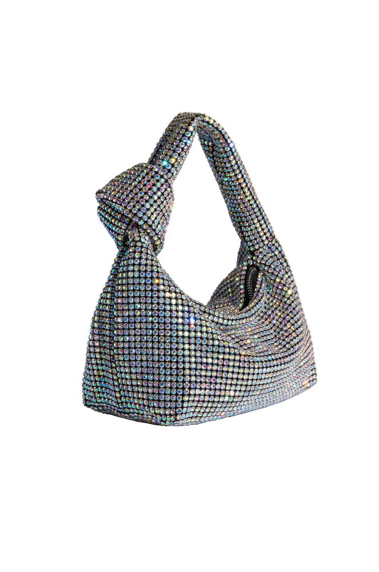 silver rhinestone knot top handle bag by melie Bianco 