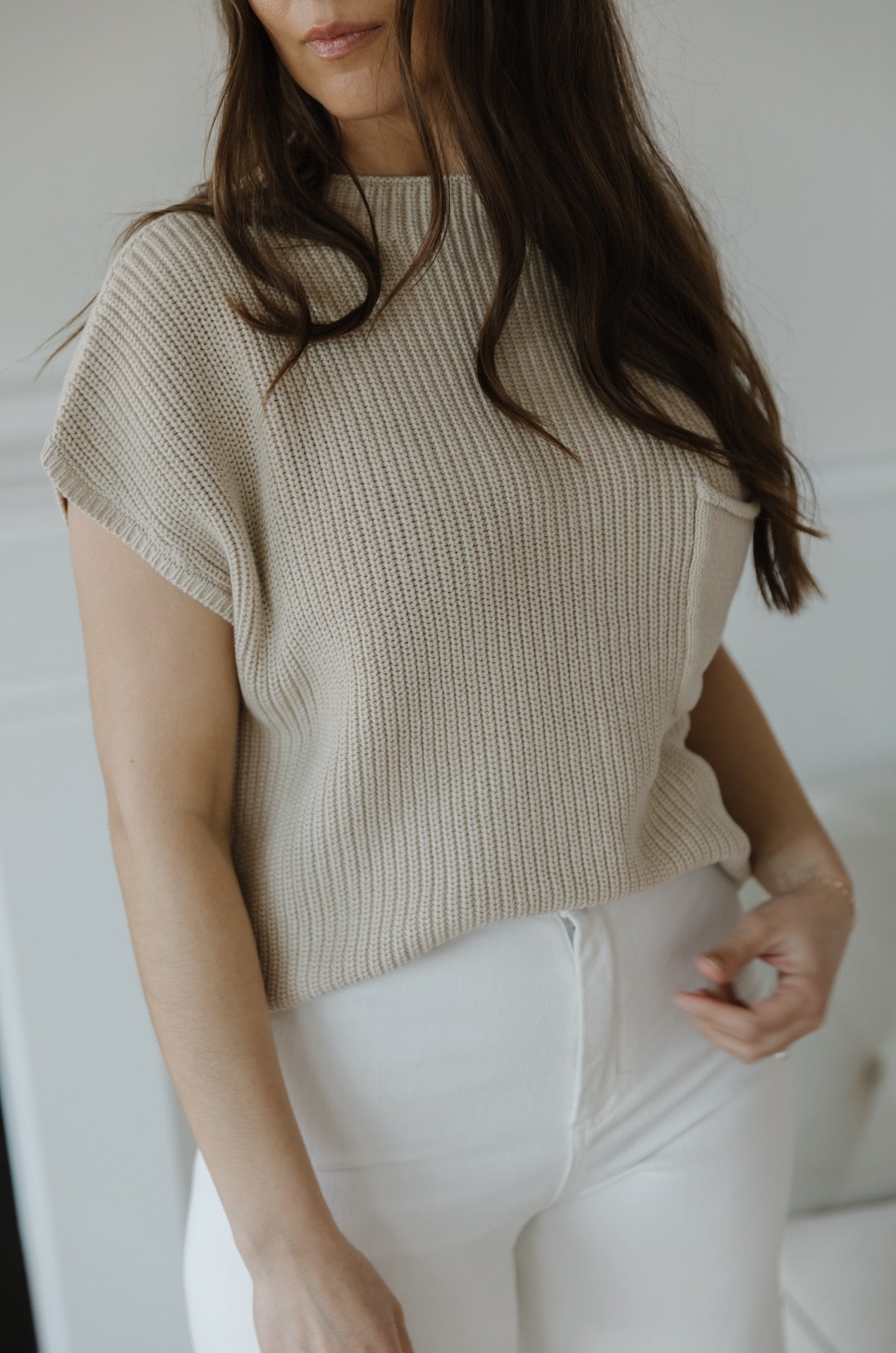 Taupe Knit Sweater Top With Pocket