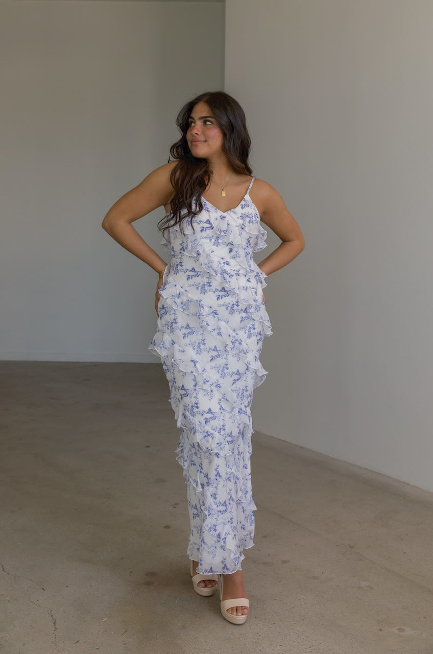 blue and white floral layered ruffle maxi dress with spaghetti straps